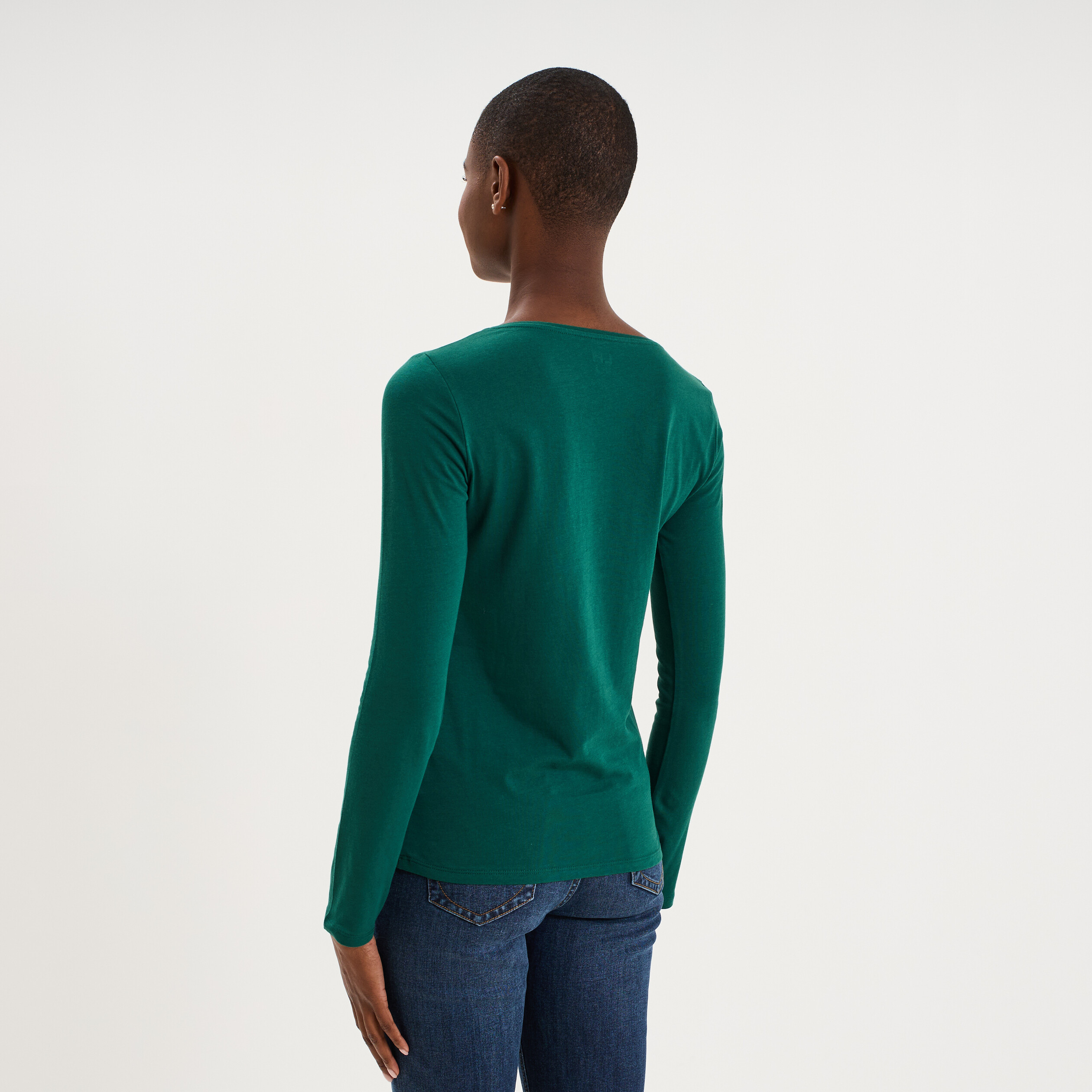 T-shirt coton col rond manches longues vert fonc&eacute; femme