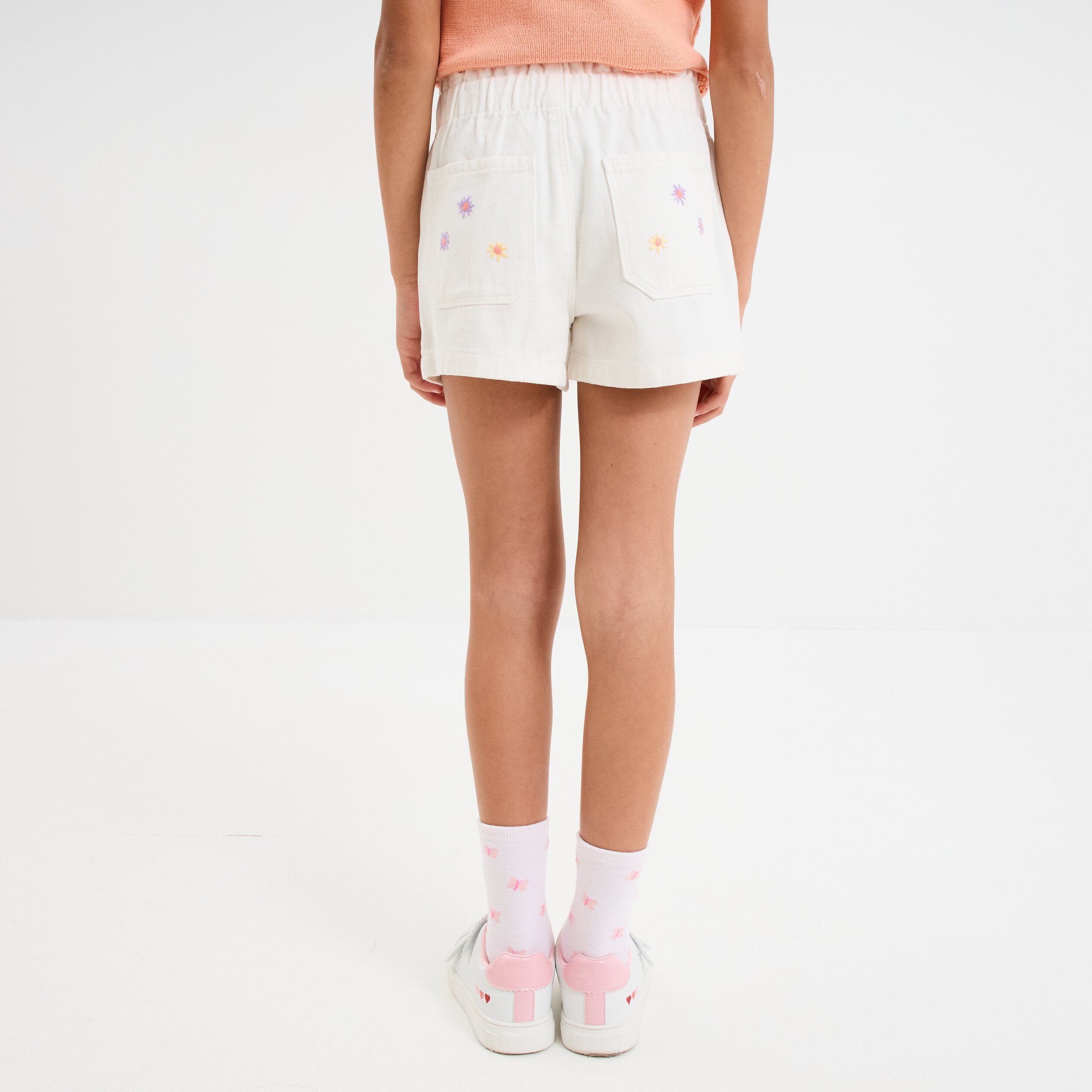 short brode taille elastiquee coton ecru fille Short brodé taille élastiquée coton ecru fille