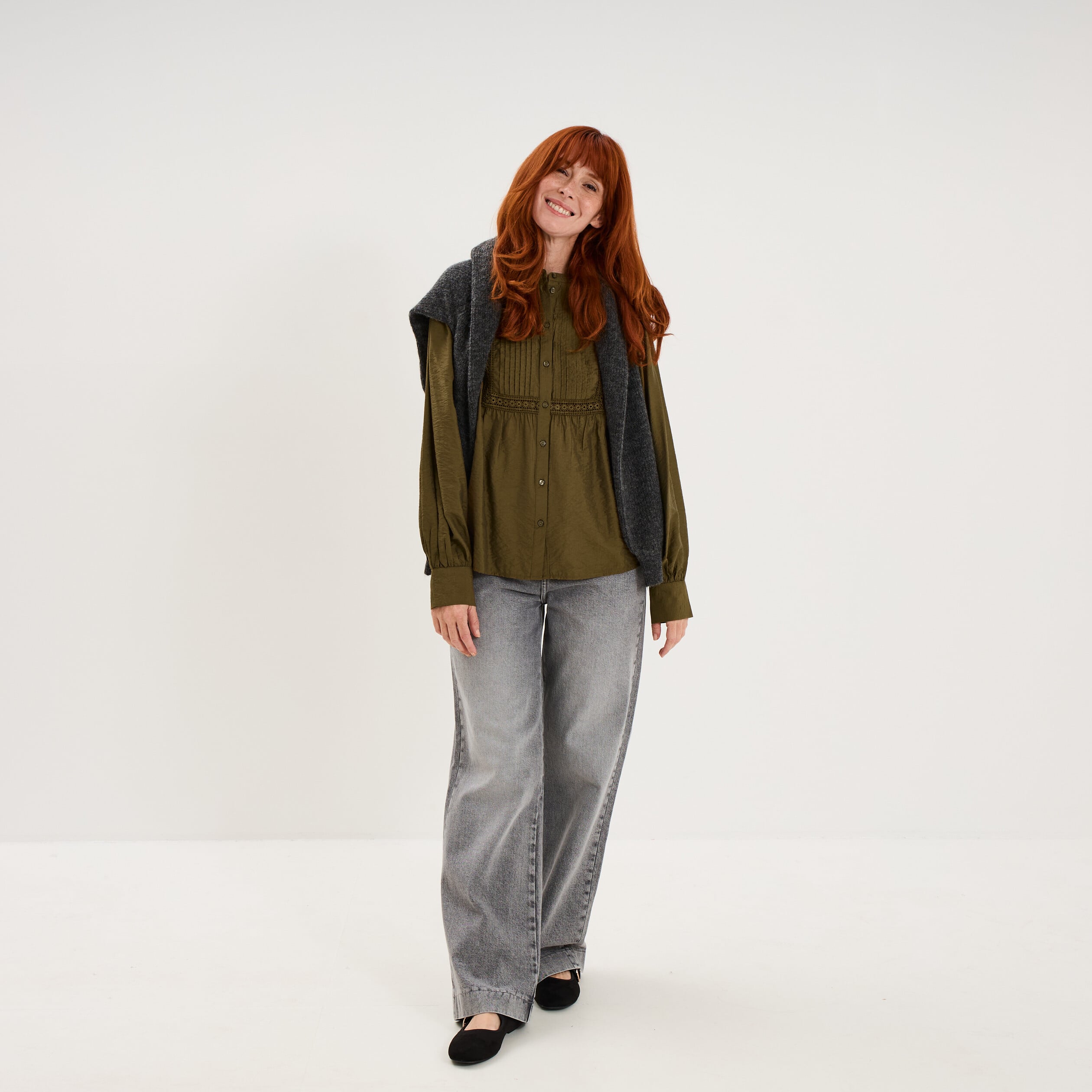 Blouse manches longues galons et fronces vert kaki femme