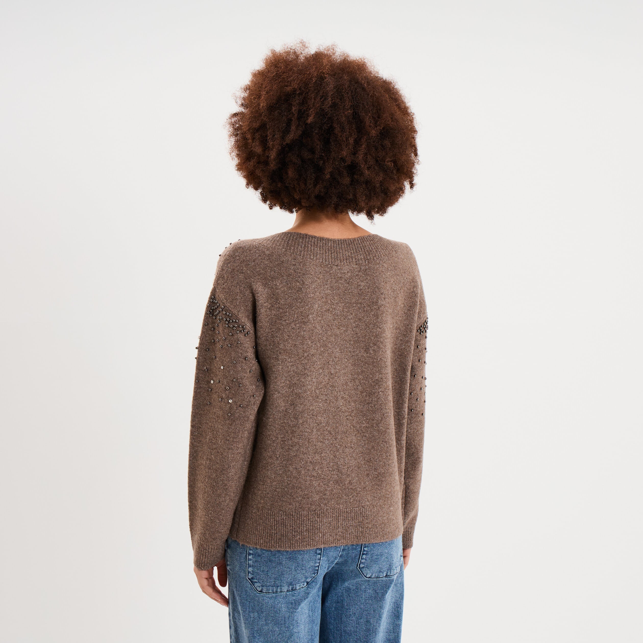Pull perles et strass manches longues taupe femme