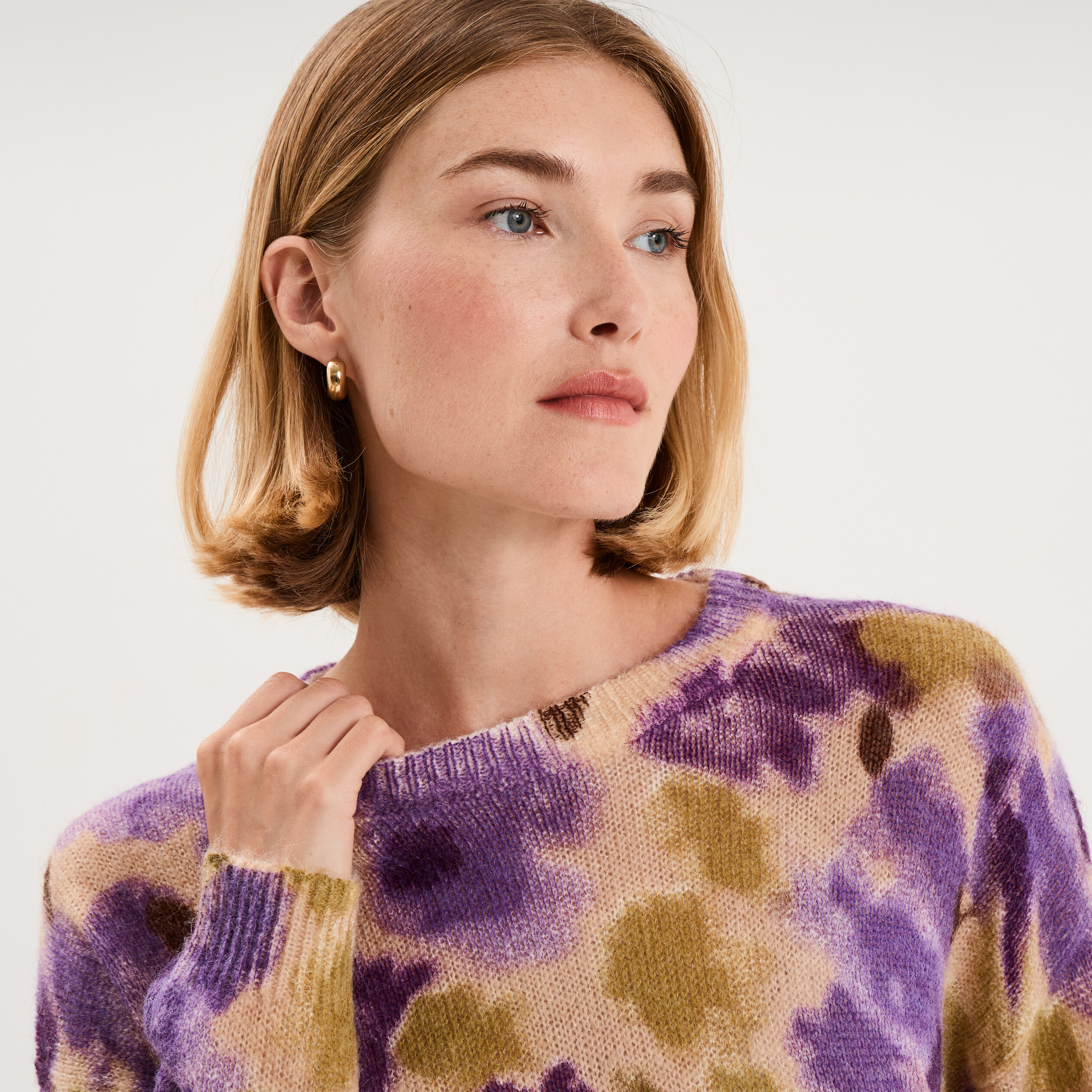 Pull col rond manches longues relax beige femme