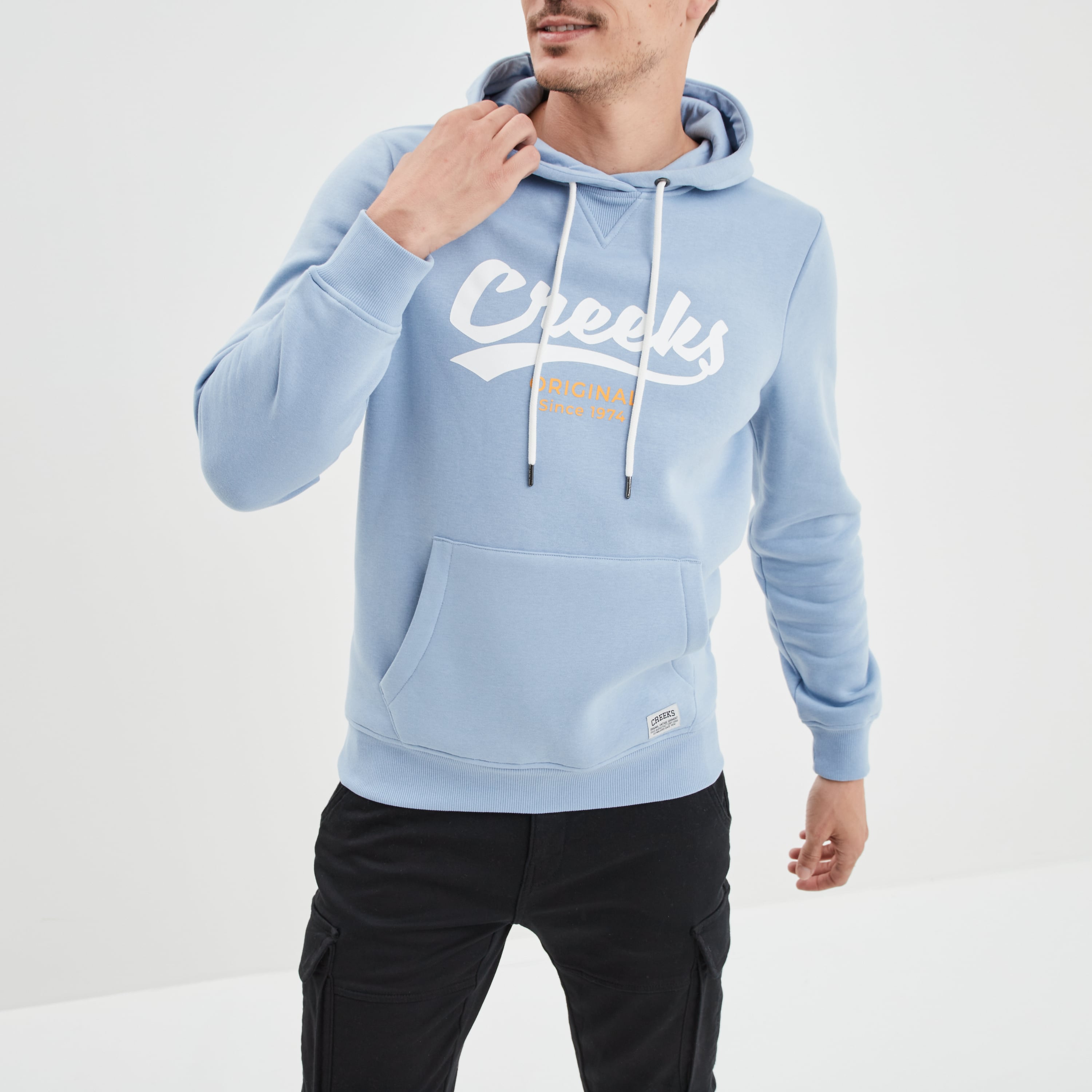 Sweat molleton &agrave; capuche hoodie bleu ciel homme