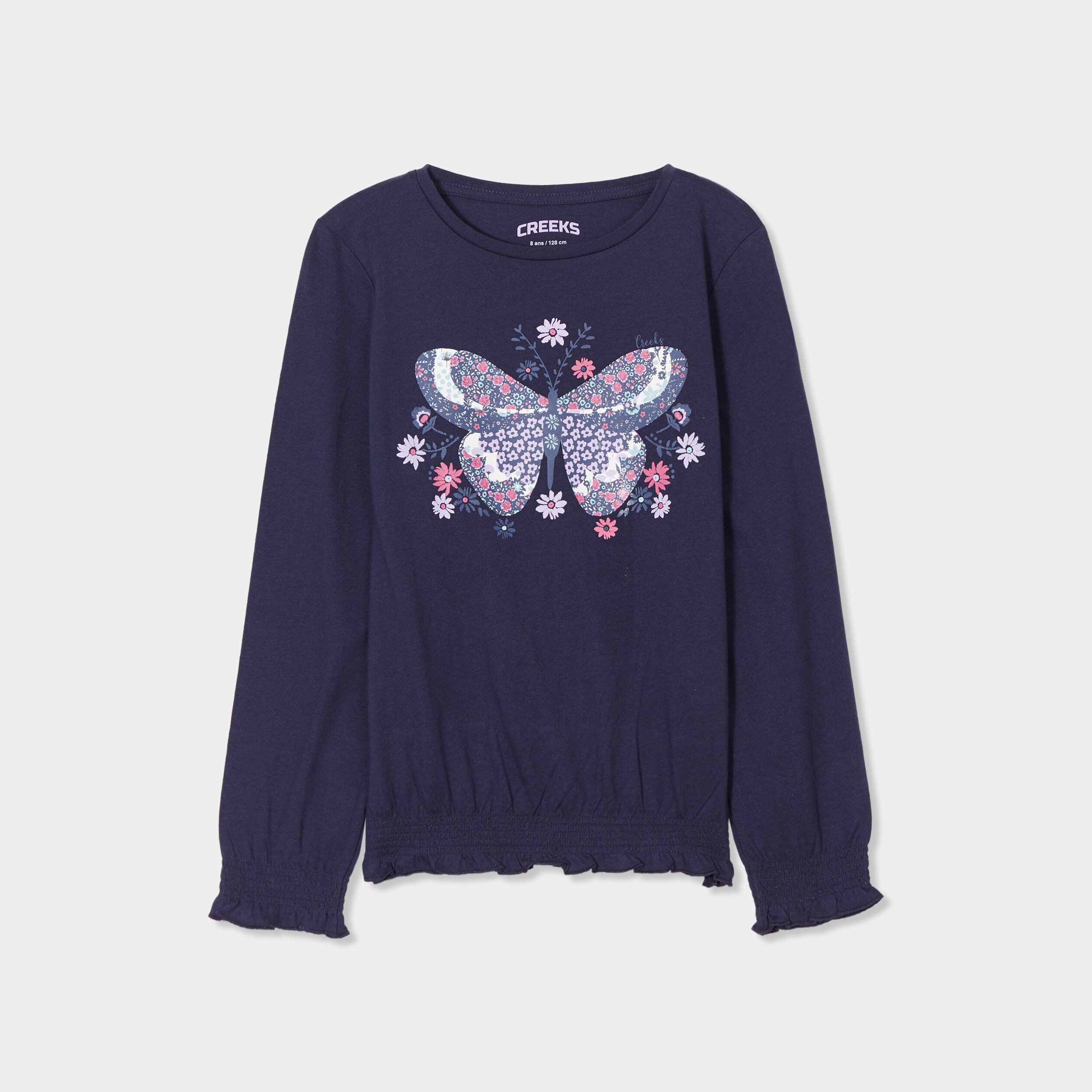 t shirt taille smockee coton creeks bleu marine fille T-shirt taille smockée coton Creeks bleu marine fille