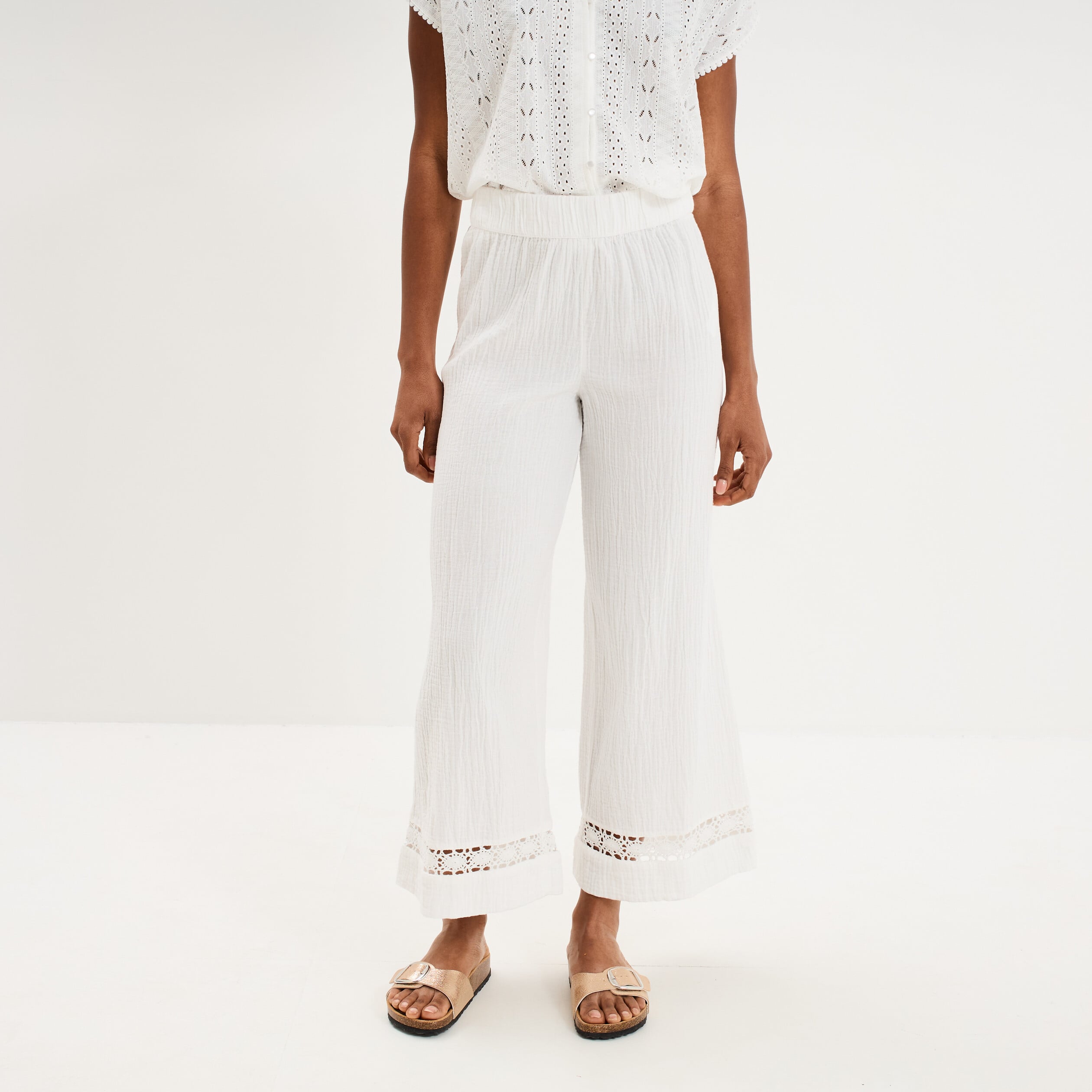 Pantalon large &eacute;lastiqu&eacute;e gaze coton blanc femme