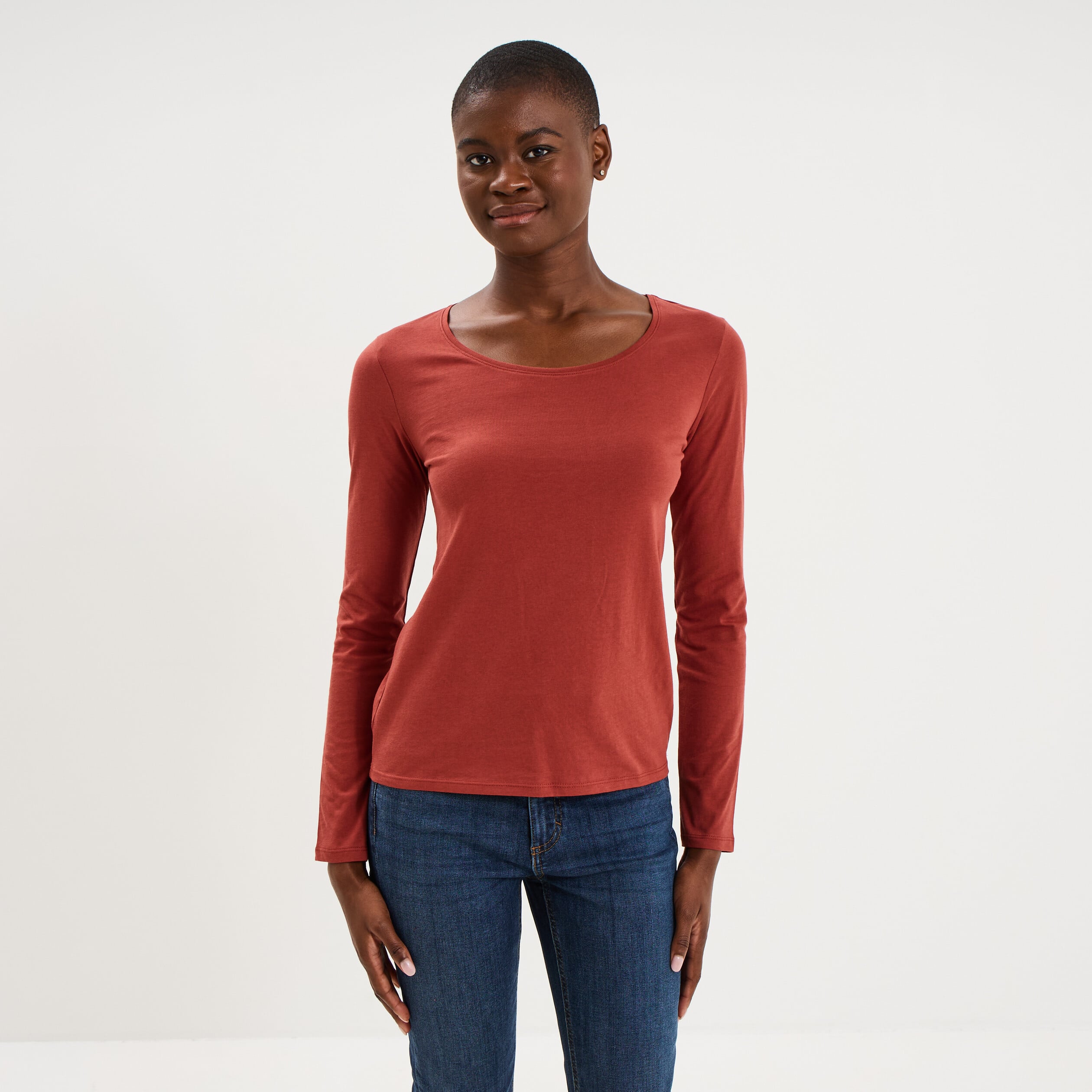 T-shirt coton col rond manches longues rouge fonc&eacute; femme