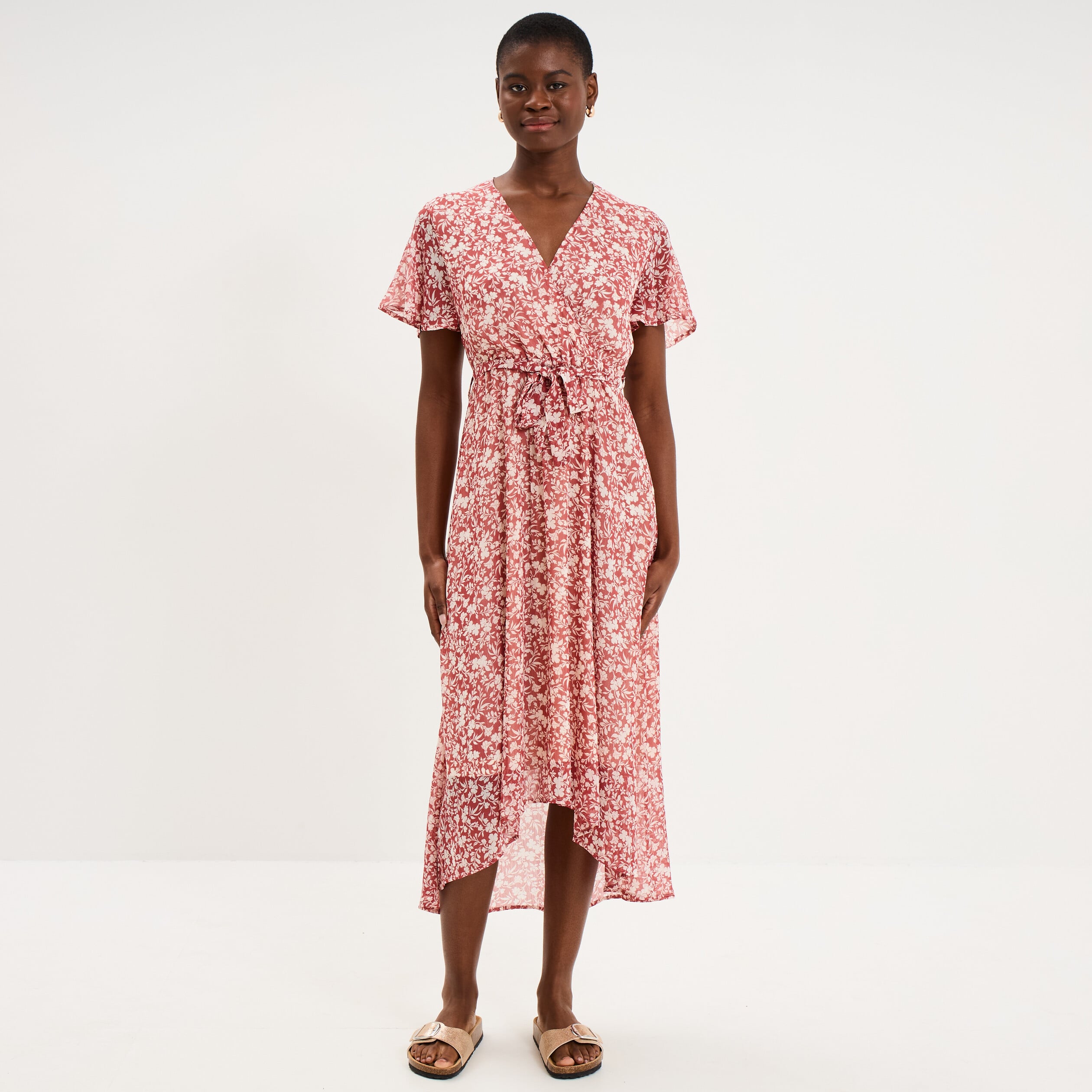 Robe longue &eacute;vas&eacute;e col cache-coeur rose femme