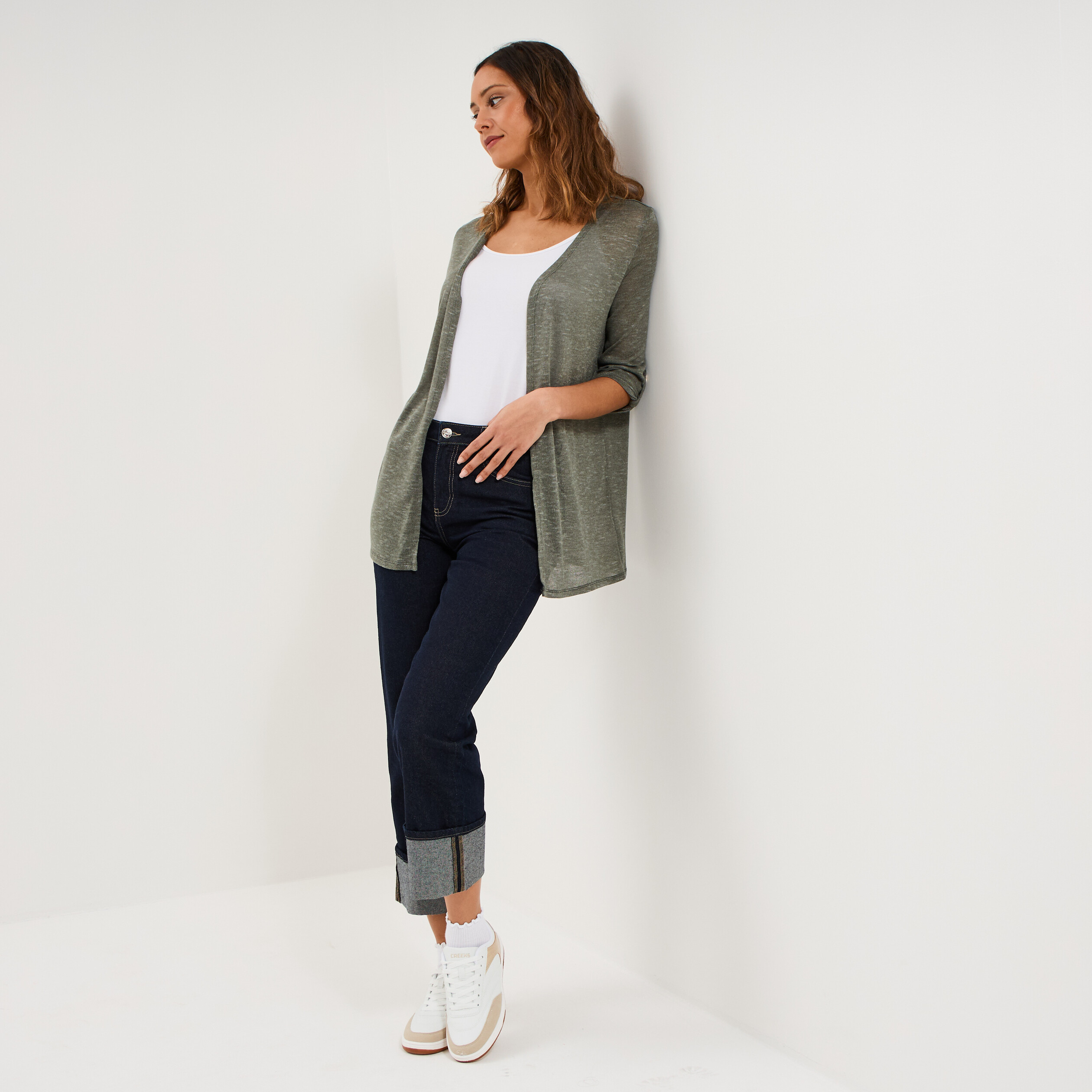 Gilet fin mi long manches 3/4 vert kaki femme