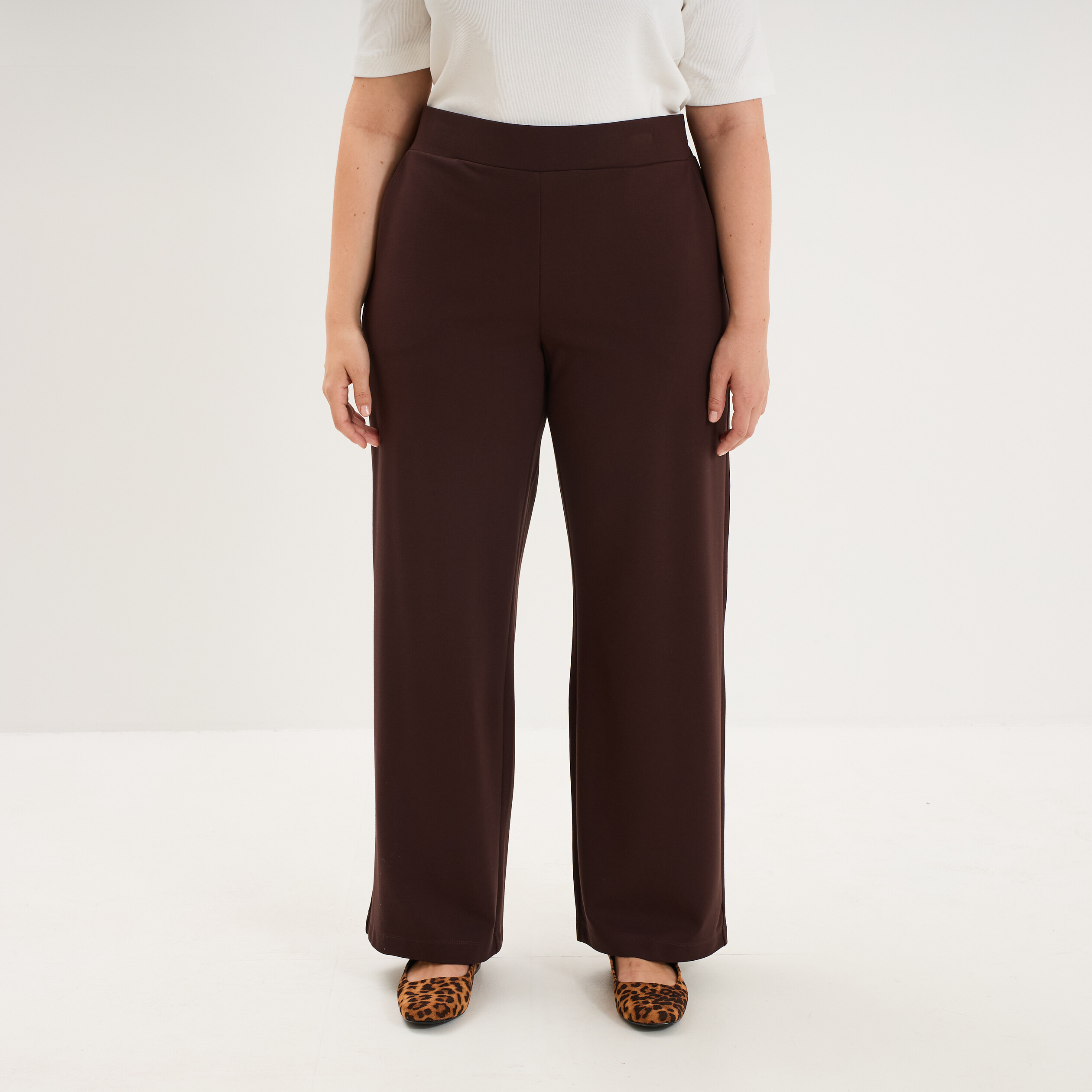 Pantalon large taille haute marron fonc&eacute; femme grande taille