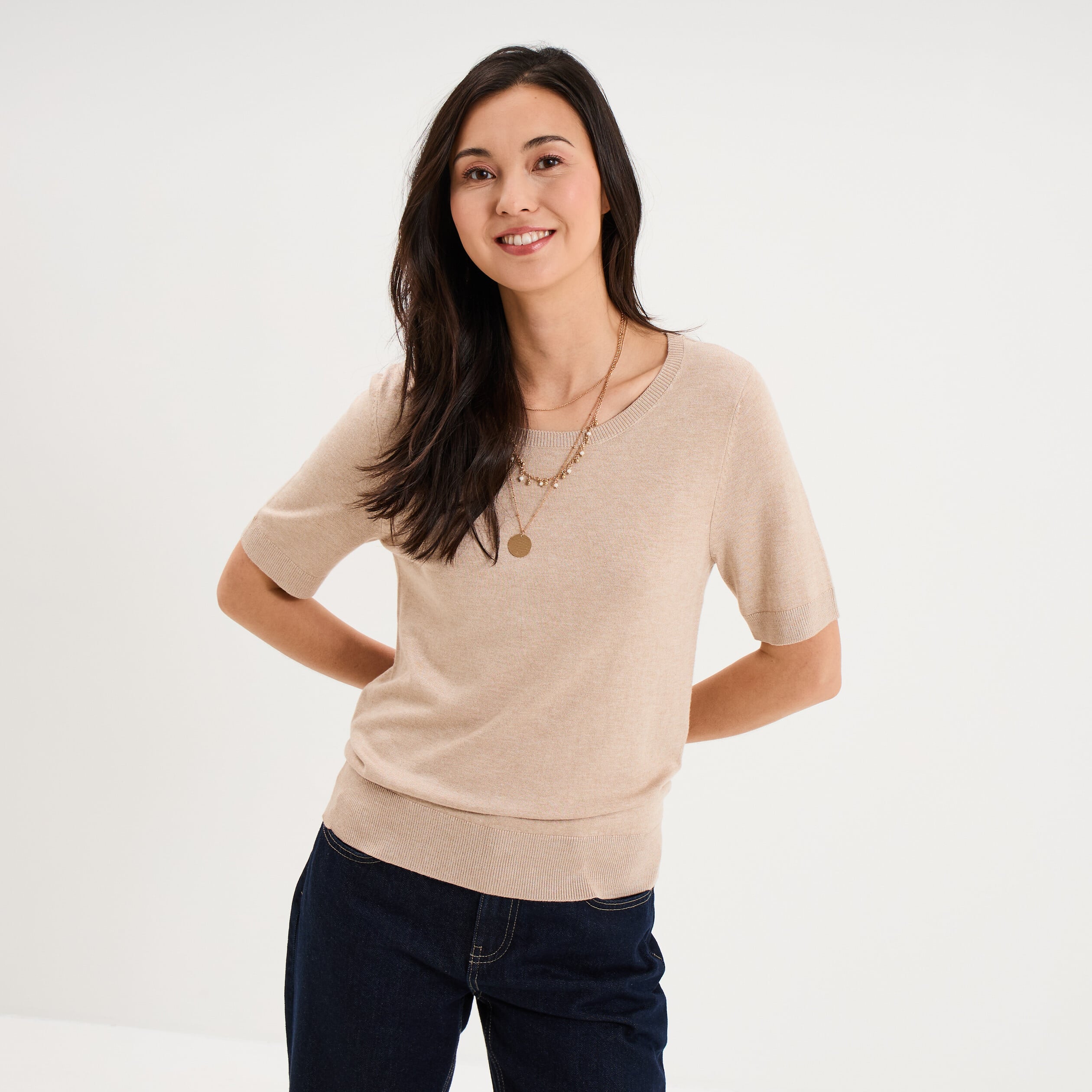 Pull manches courtes col rond beige femme