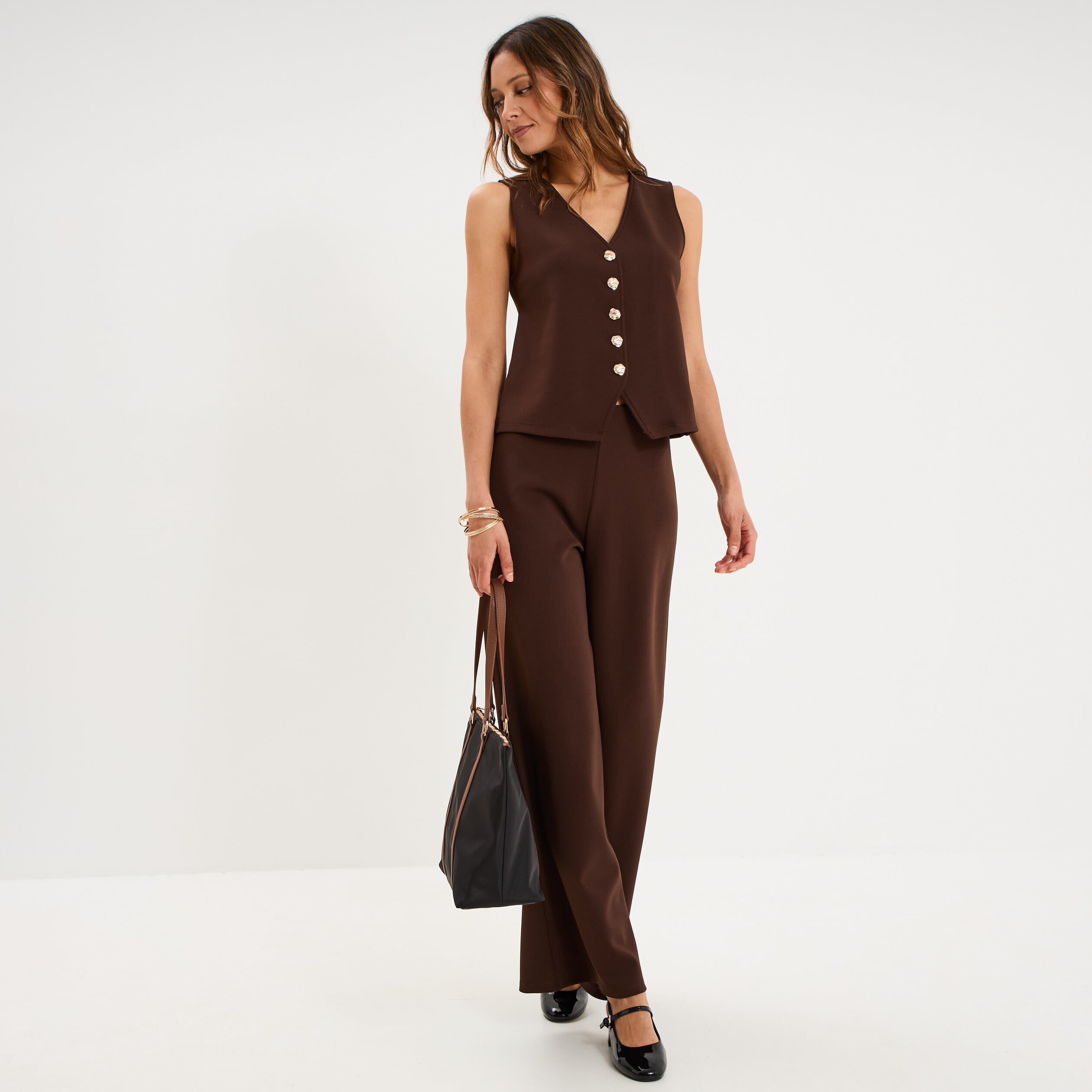 Pantalon large fluide taille haute marron fonc&eacute; femme