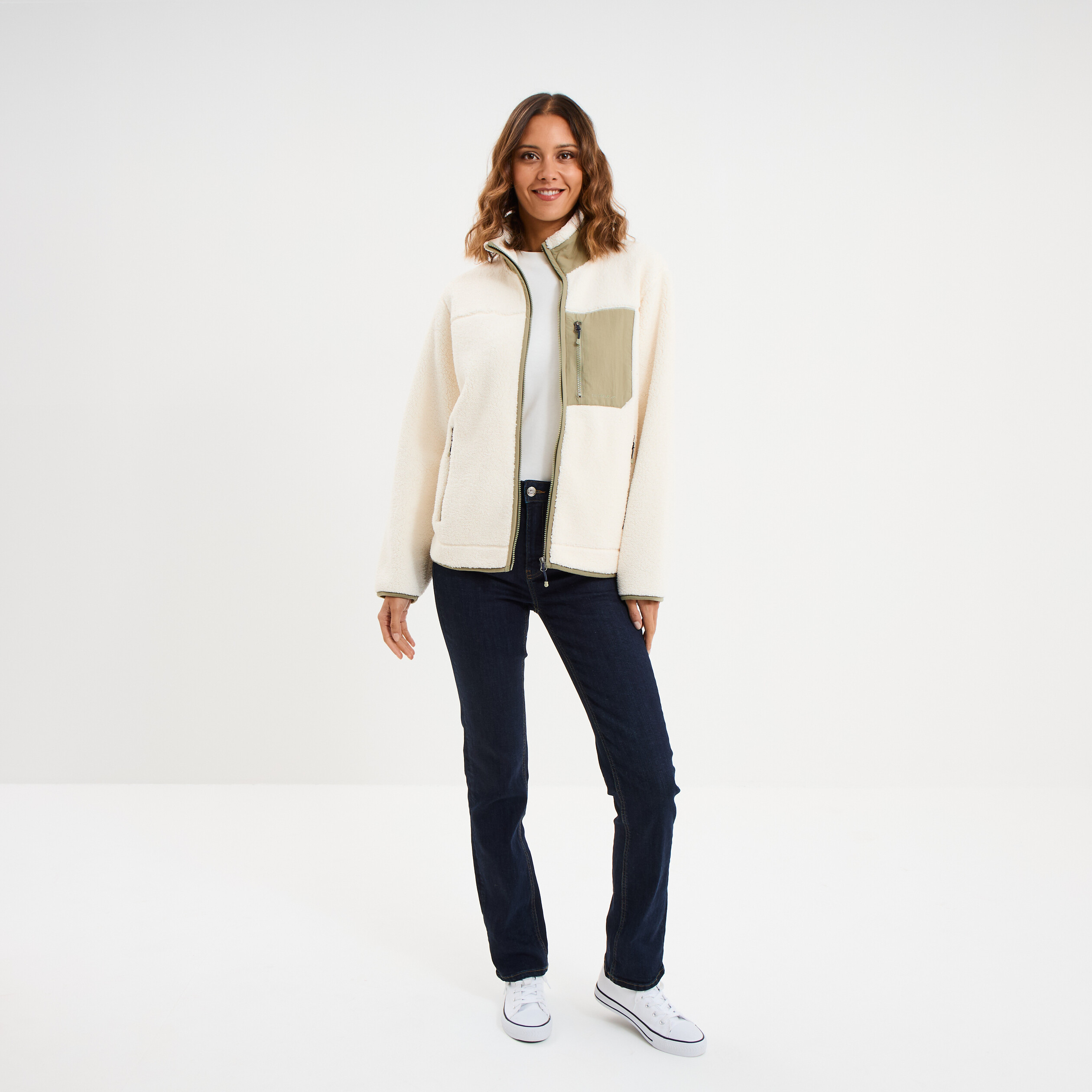 Veste zipp&eacute;e effet sherpa 3 poches blanc femme