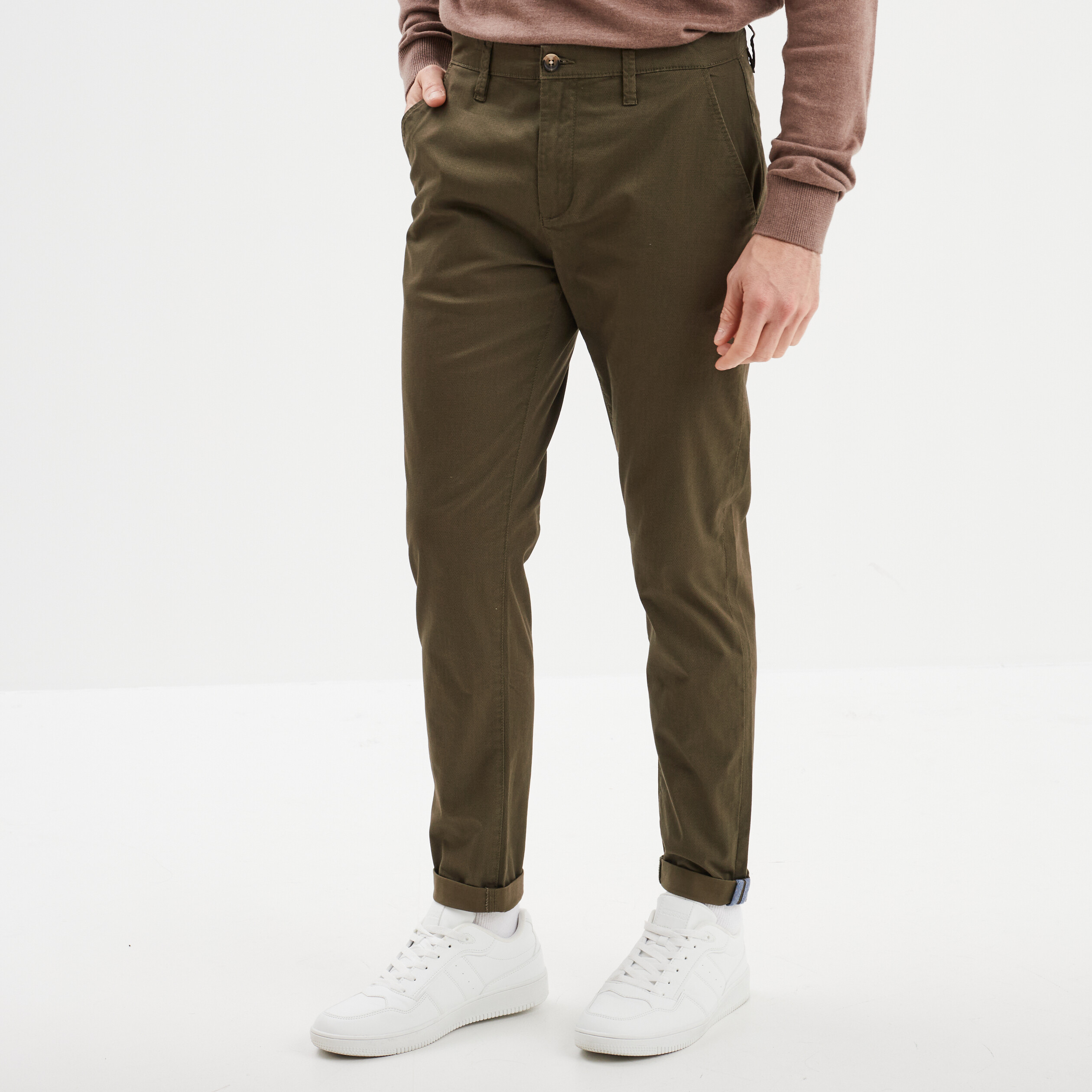 Pantalon chino slim stretch vert kaki homme