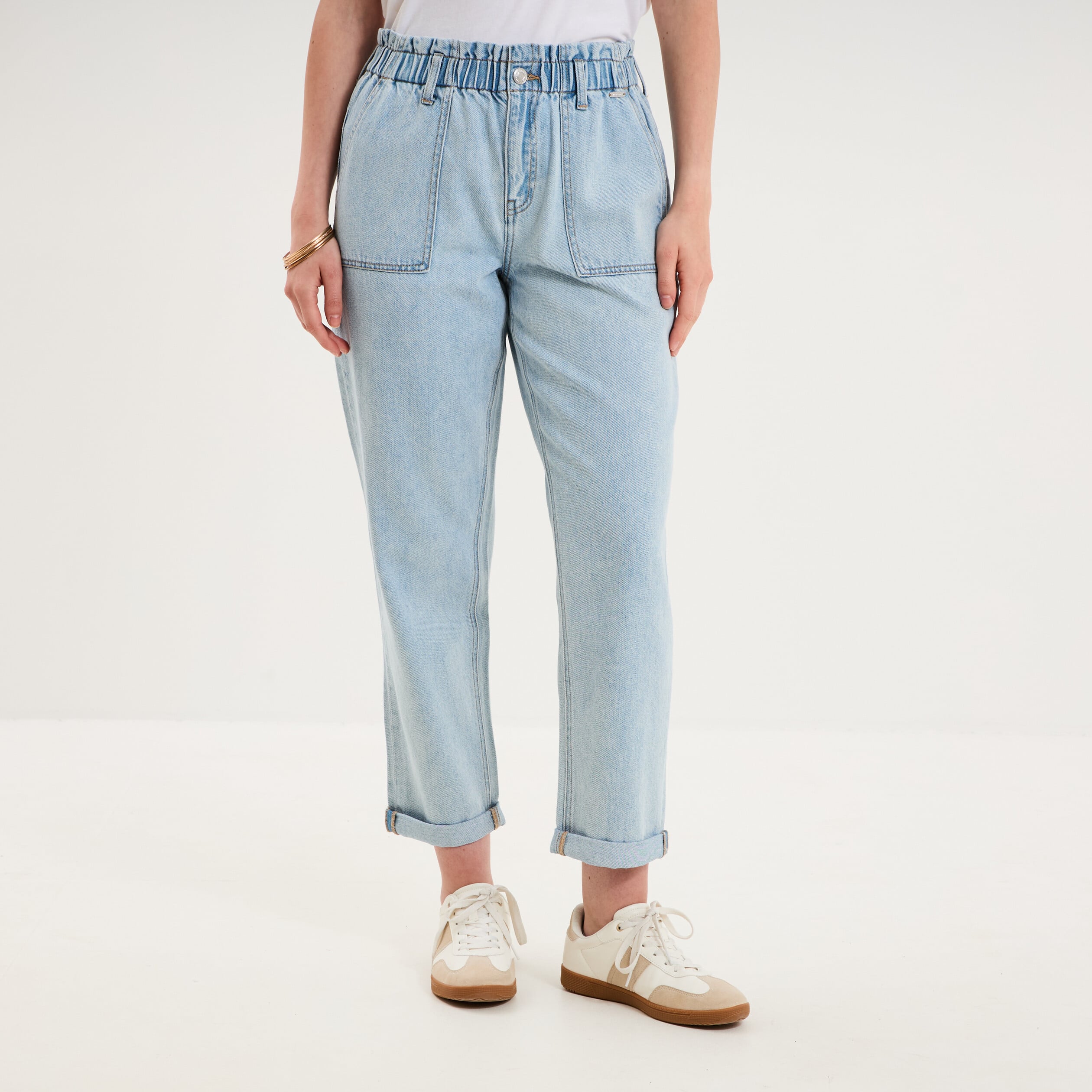Jean paperbag cropped taille &eacute;lastiqu&eacute;e denim triple stone femme