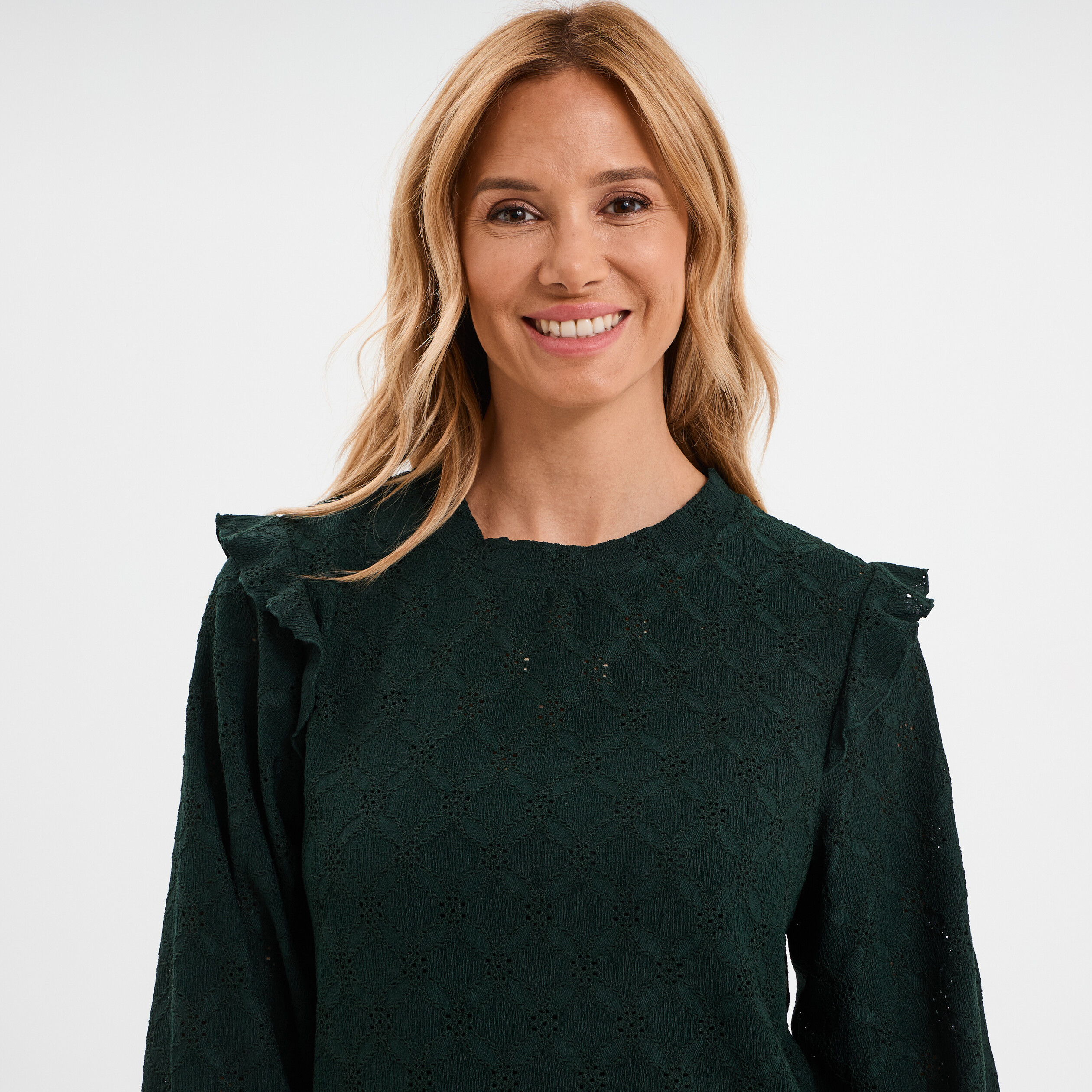 blouse details ajoures et volants vert fonce femme Blouse détails ajourés et volants vert foncé femme