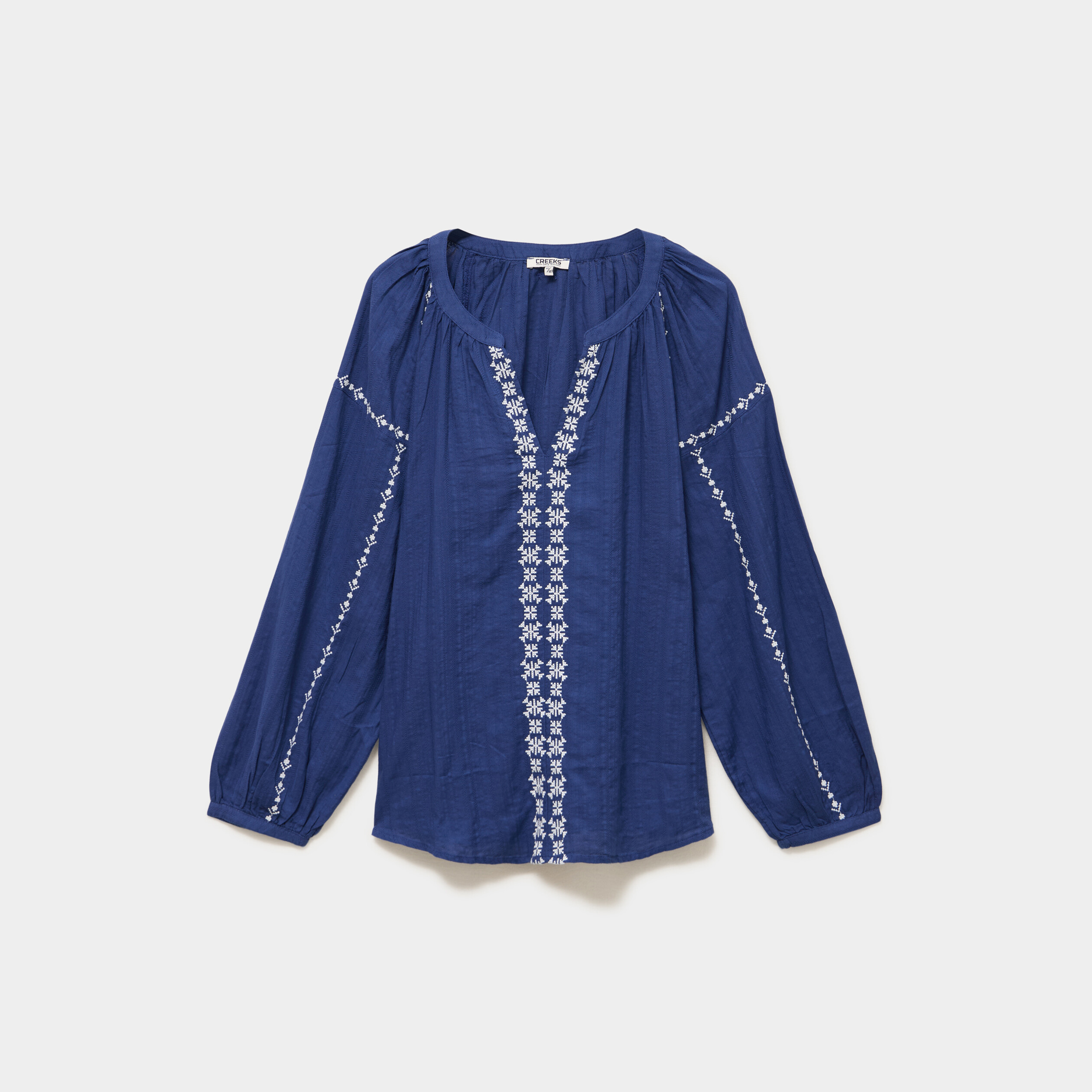 Blouse brod&eacute;e manches longues coton bleu marine femme grande taille