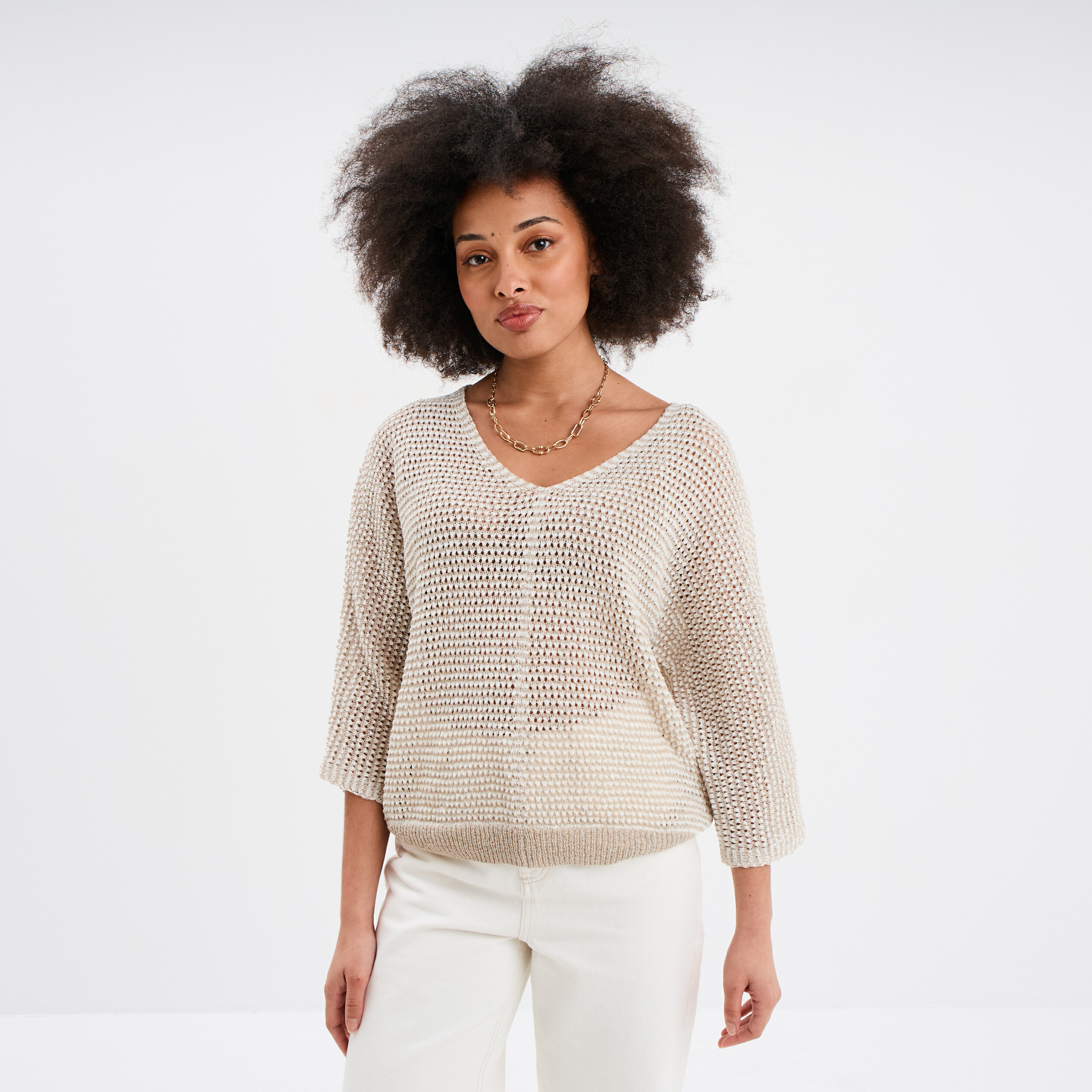 pull ajoure effet crochet manches 34 beige femme Pull ajouré effet crochet manches 3/4 beige femme