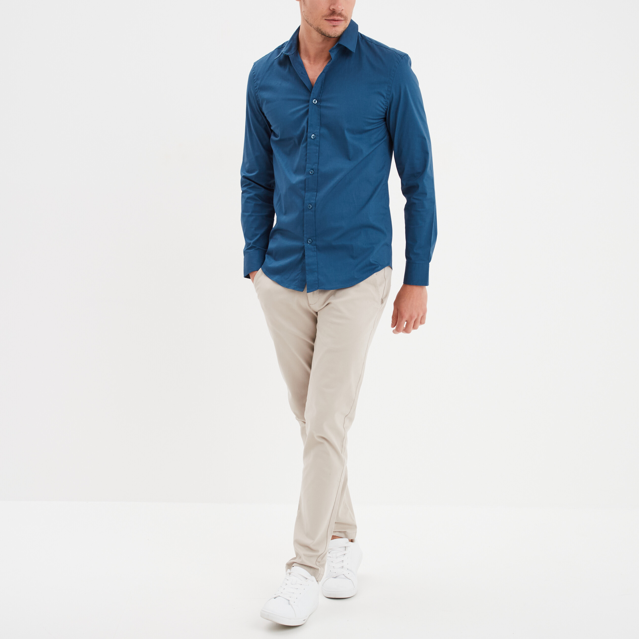 chemise effet stretch manches longues bleu fonce homme Chemise effet stretch manches longues bleu foncé homme