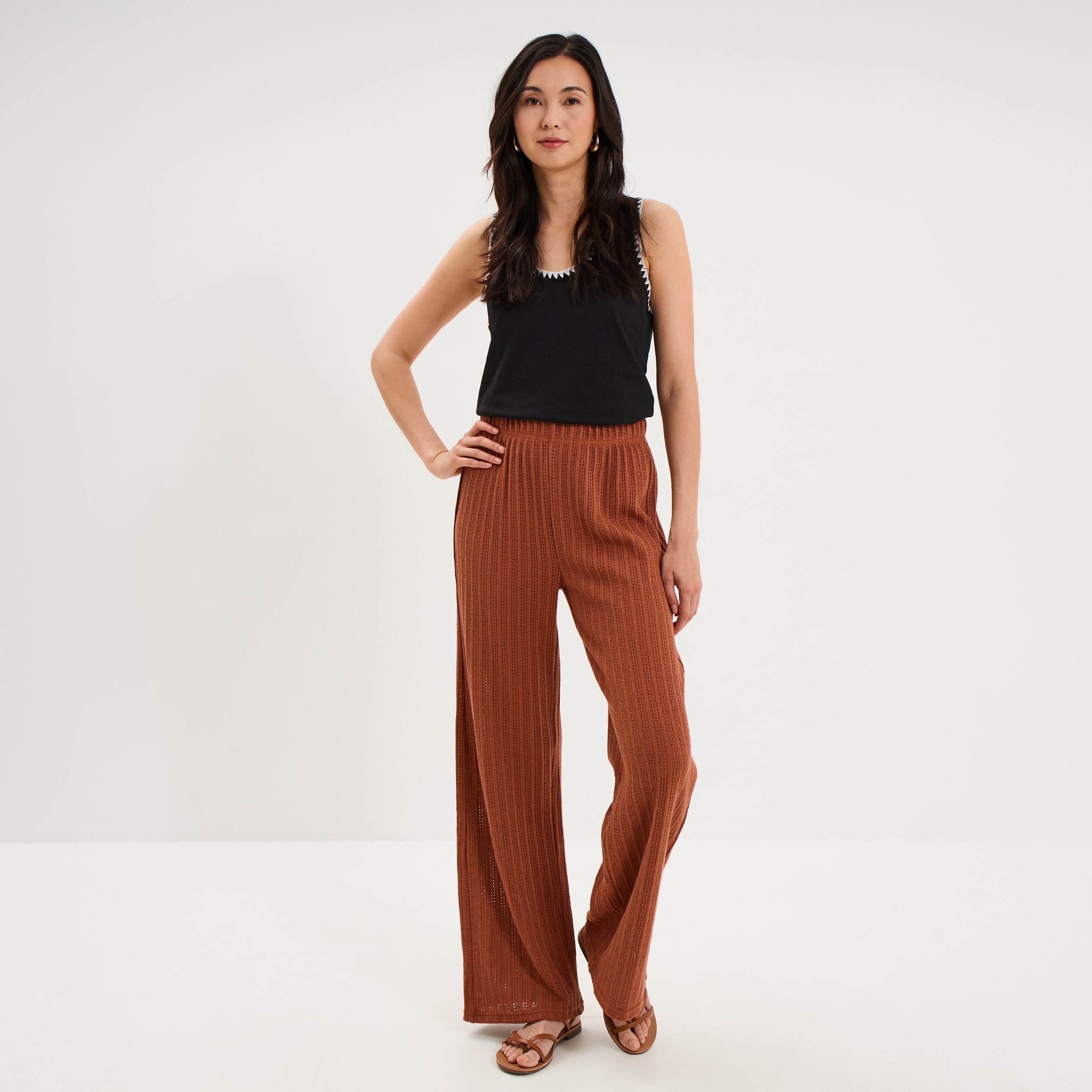 Pantalon large effet crochet &eacute;lastiqu&eacute; camel femme
