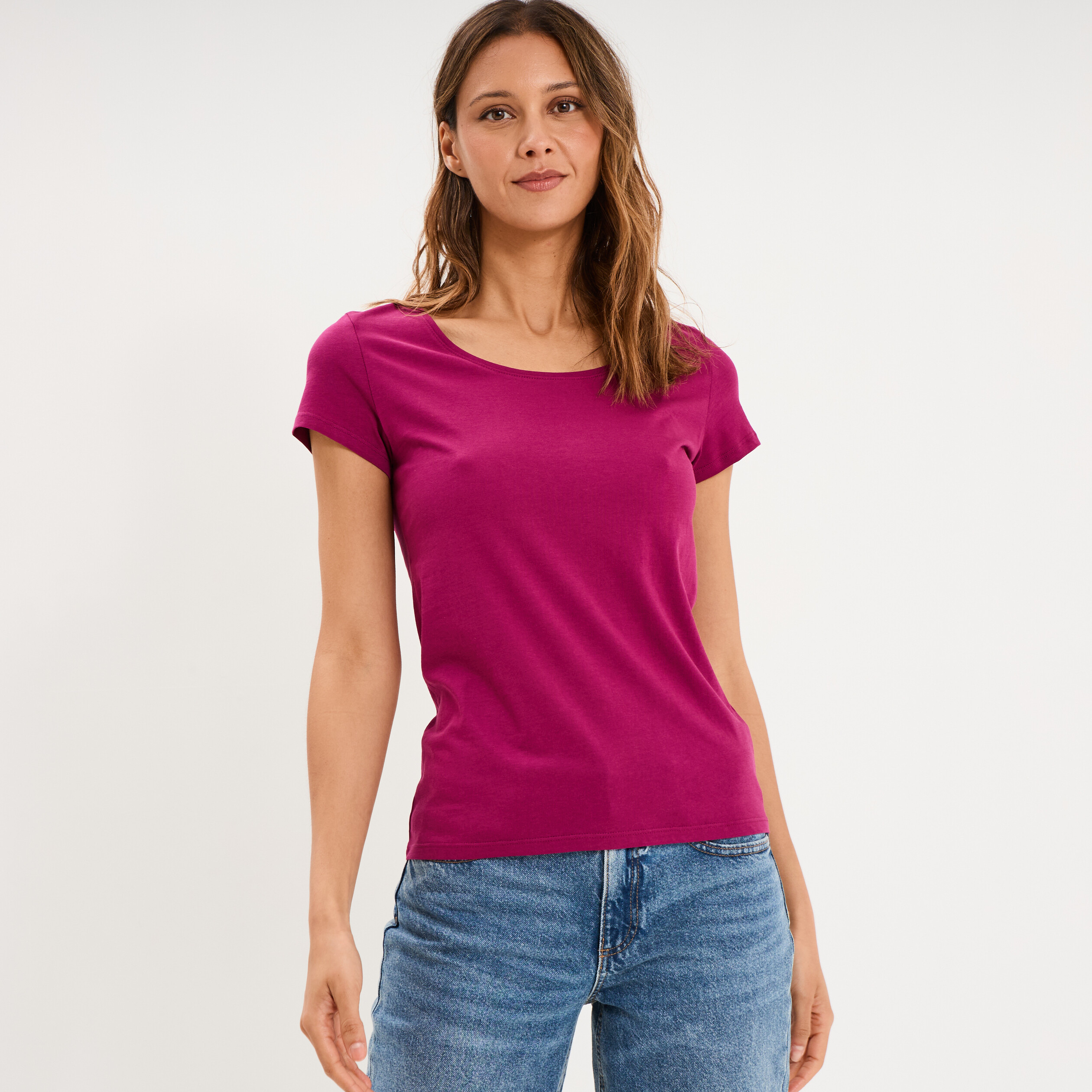 T-shirt coton col rond manches courtes prune femme