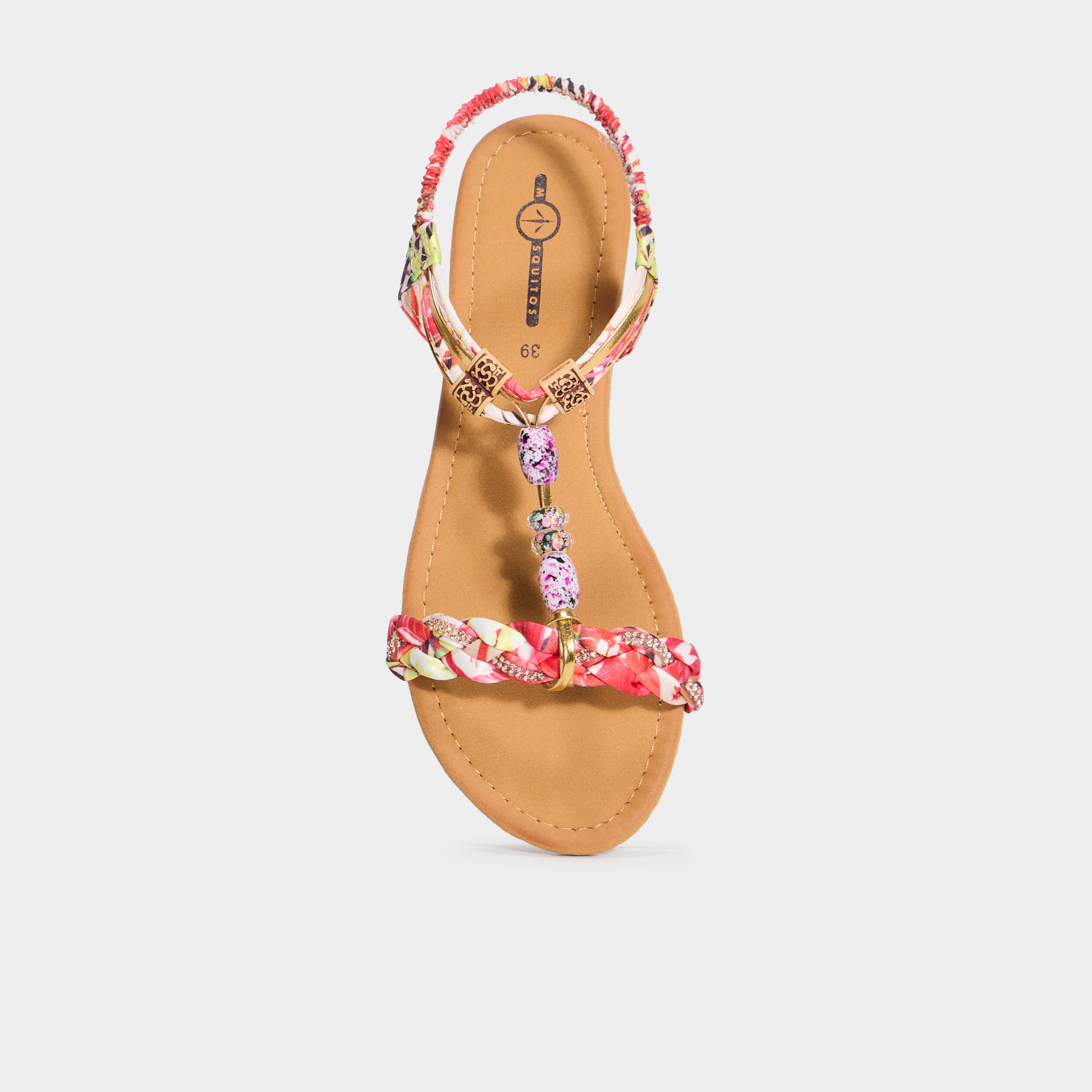Sandales foulard et perles &eacute;lastiqu&eacute;es rouge femme