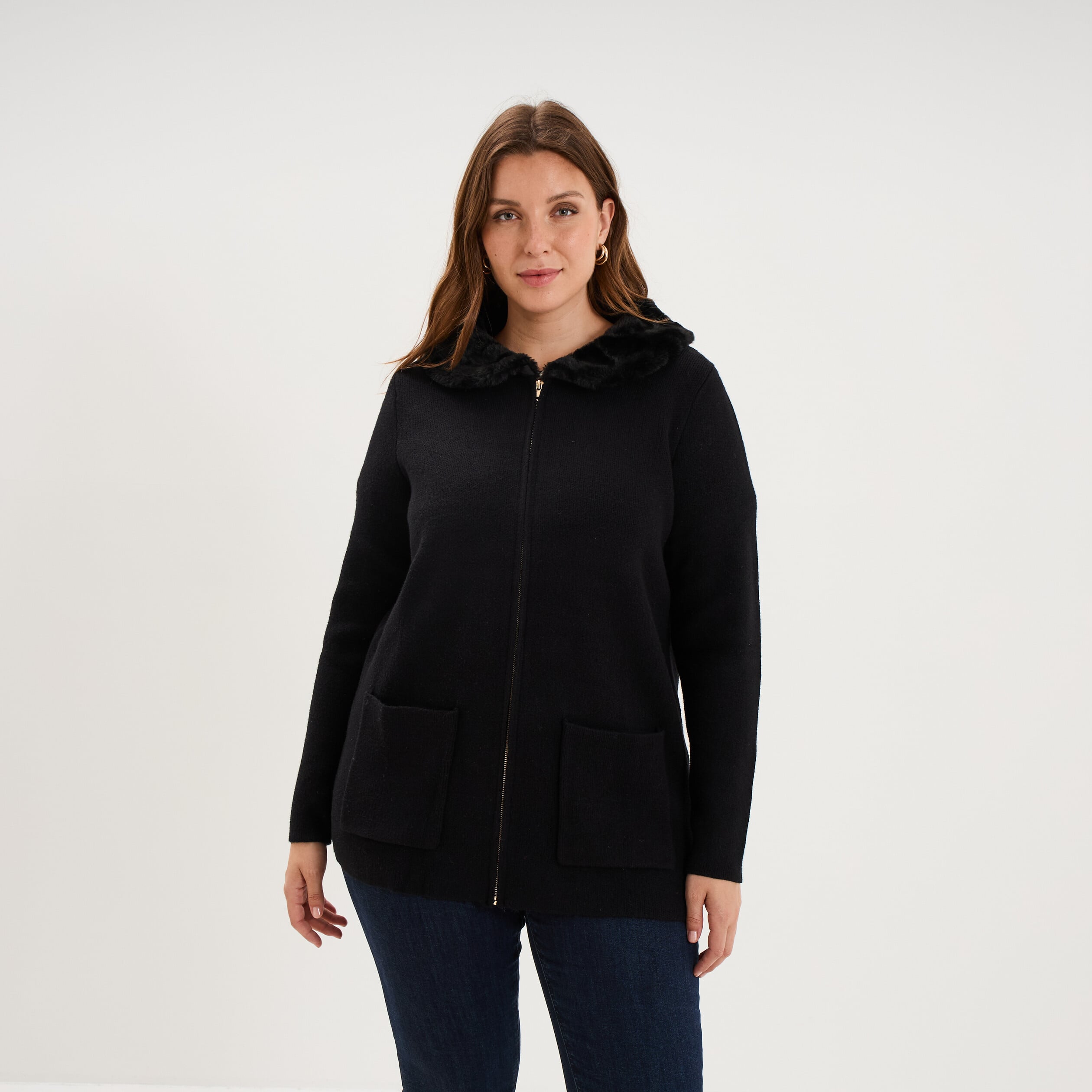 Gilet zipp&eacute; avec col fausse fourrure noir femme grande taille