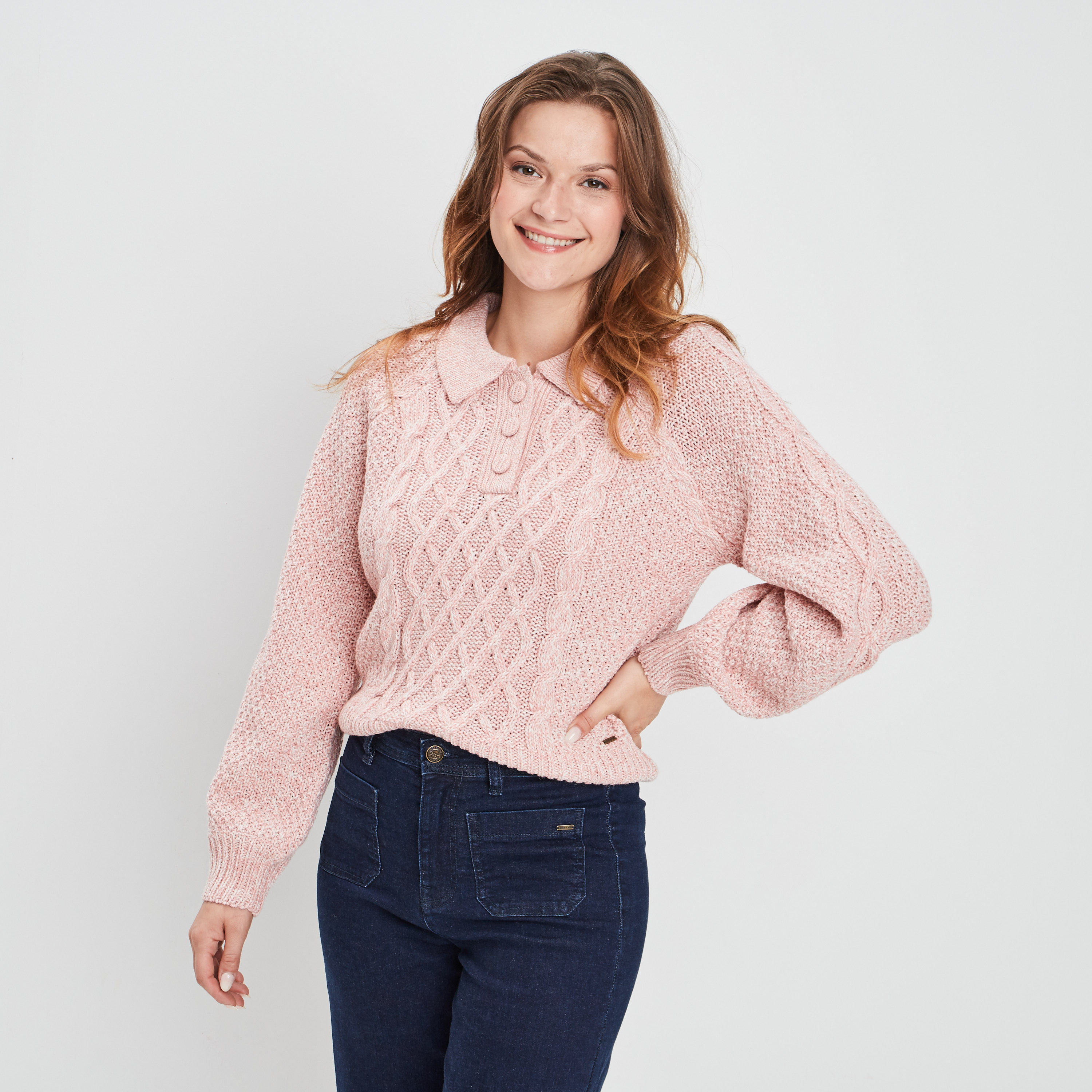 Pull à col polo boutonné rose femme