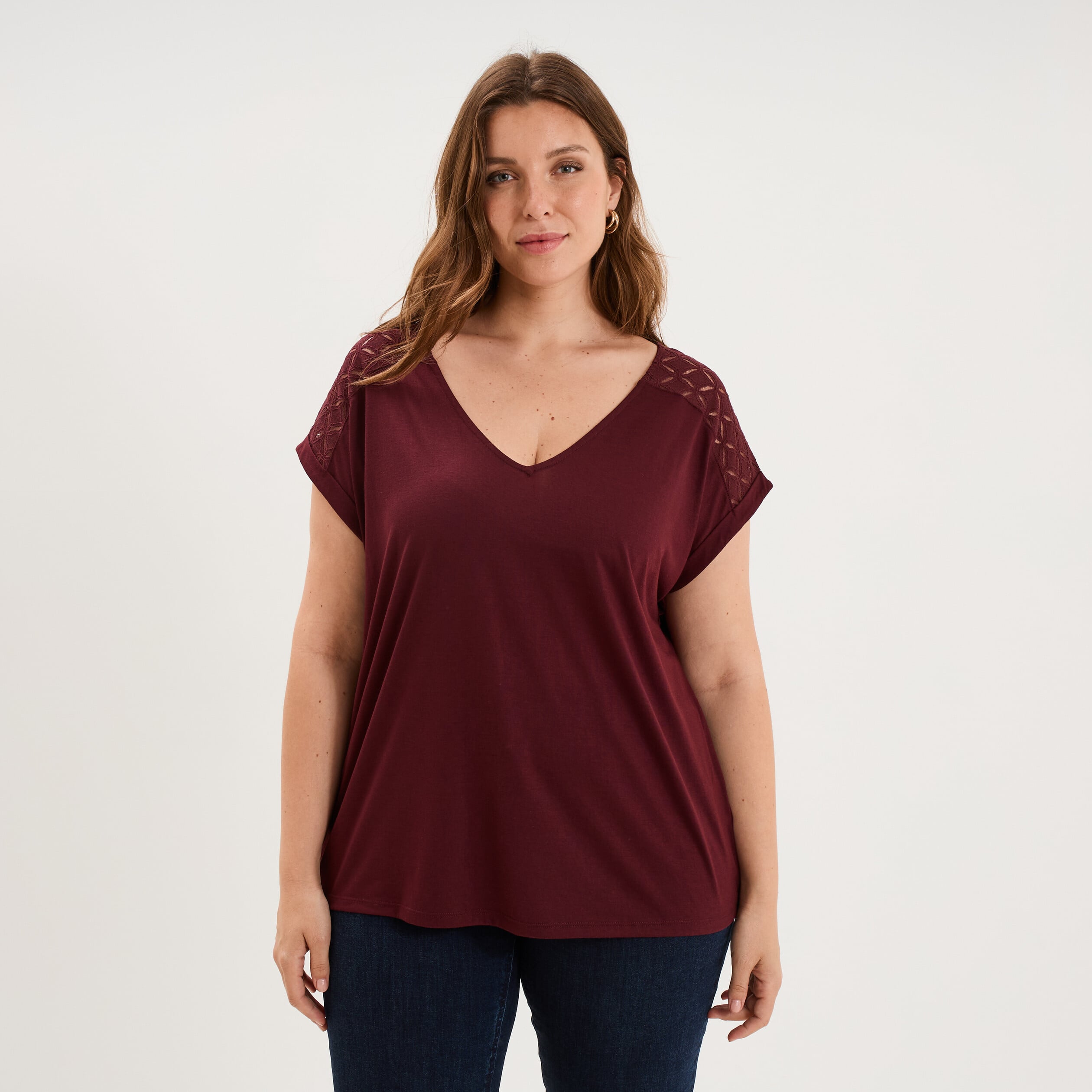 T-shirt droit avec dos dentelle oversize violet fonc&eacute; femme grande taille