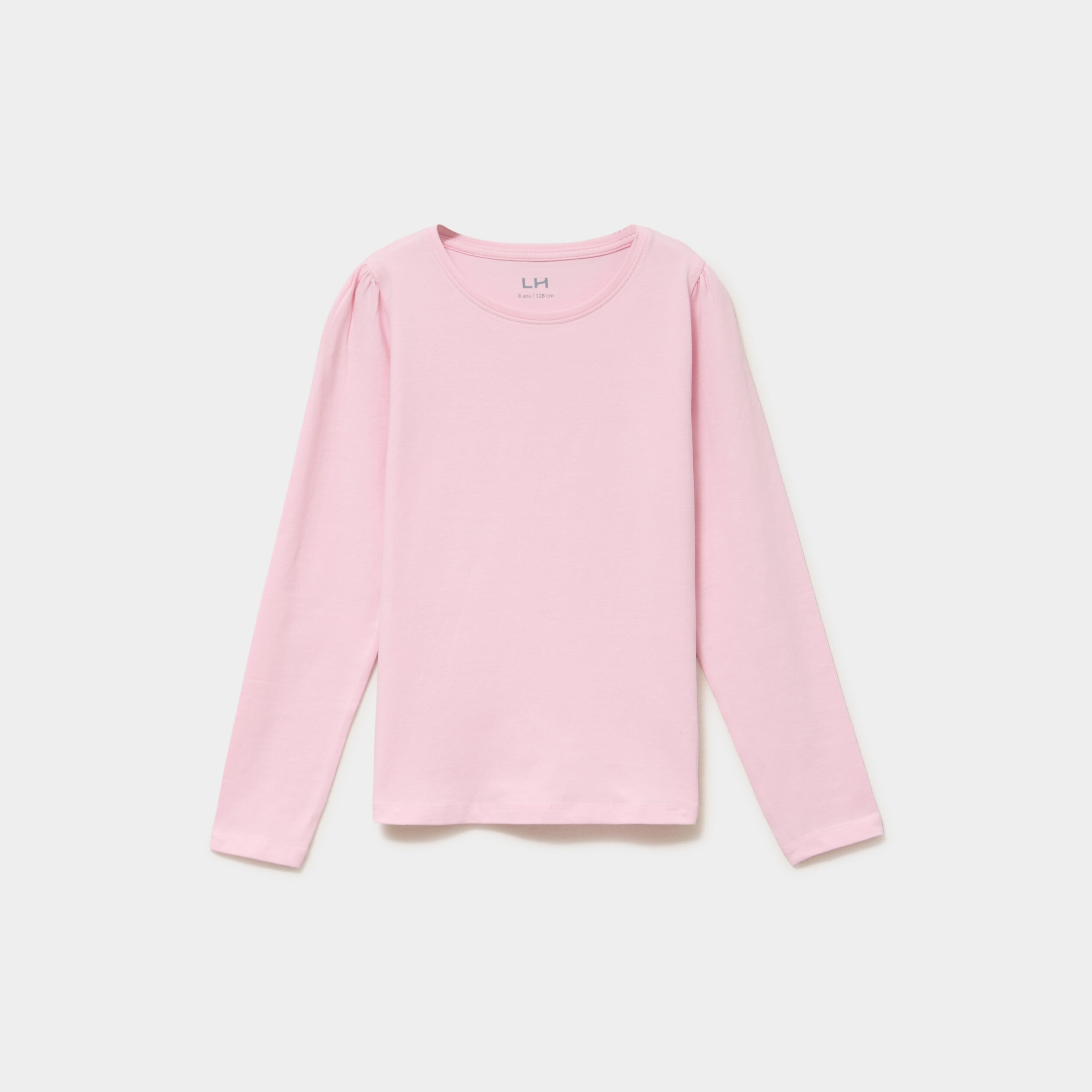 T-shirt coton manches longues &agrave; fronces rose clair fille