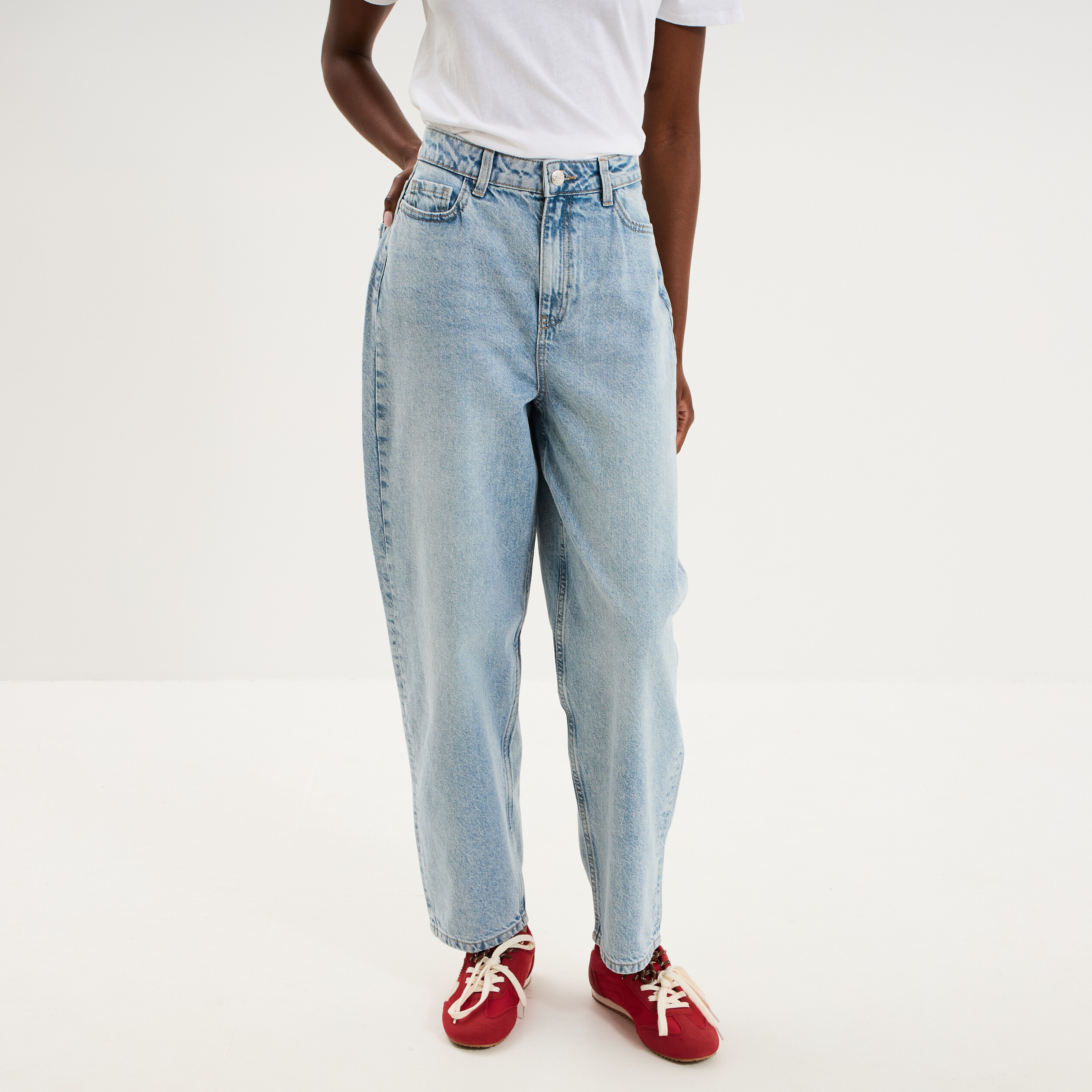 Jean balloon taille haute cropped coton denim triple stone femme