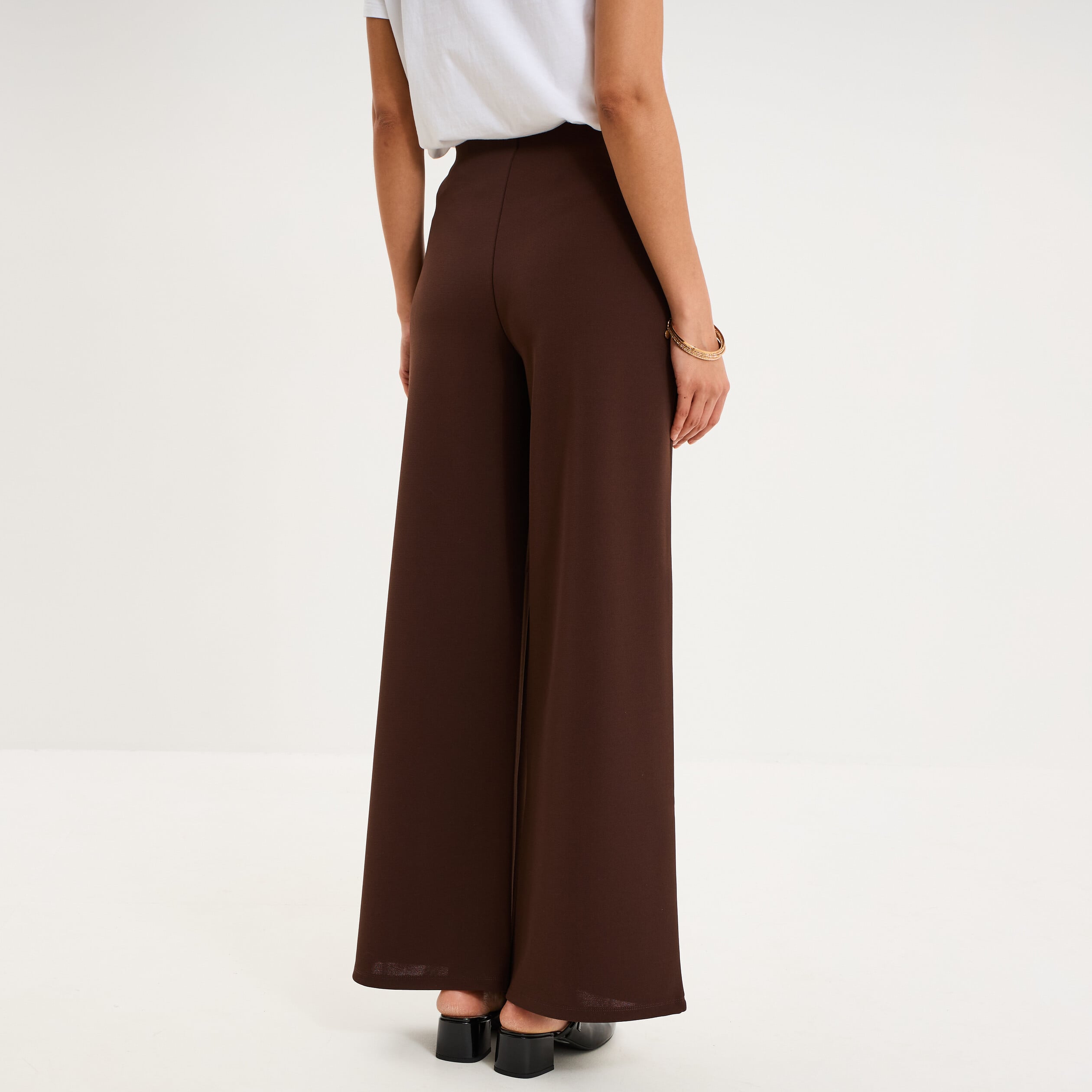 Pantalon large fluide taille haute marron fonc&eacute; femme