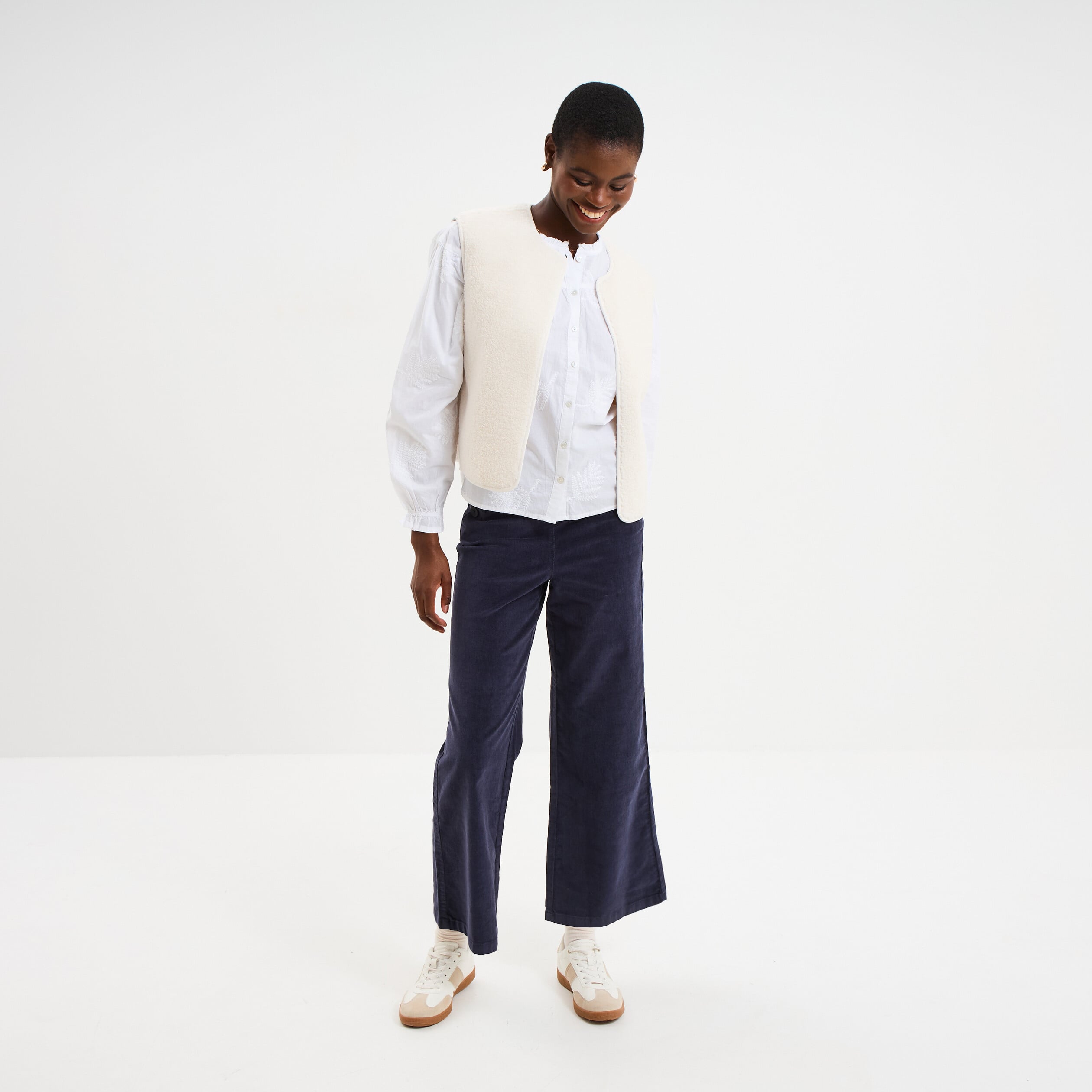 Pantalon effet velours &agrave; pont 7/8&egrave;me bleu fonc&eacute; femme