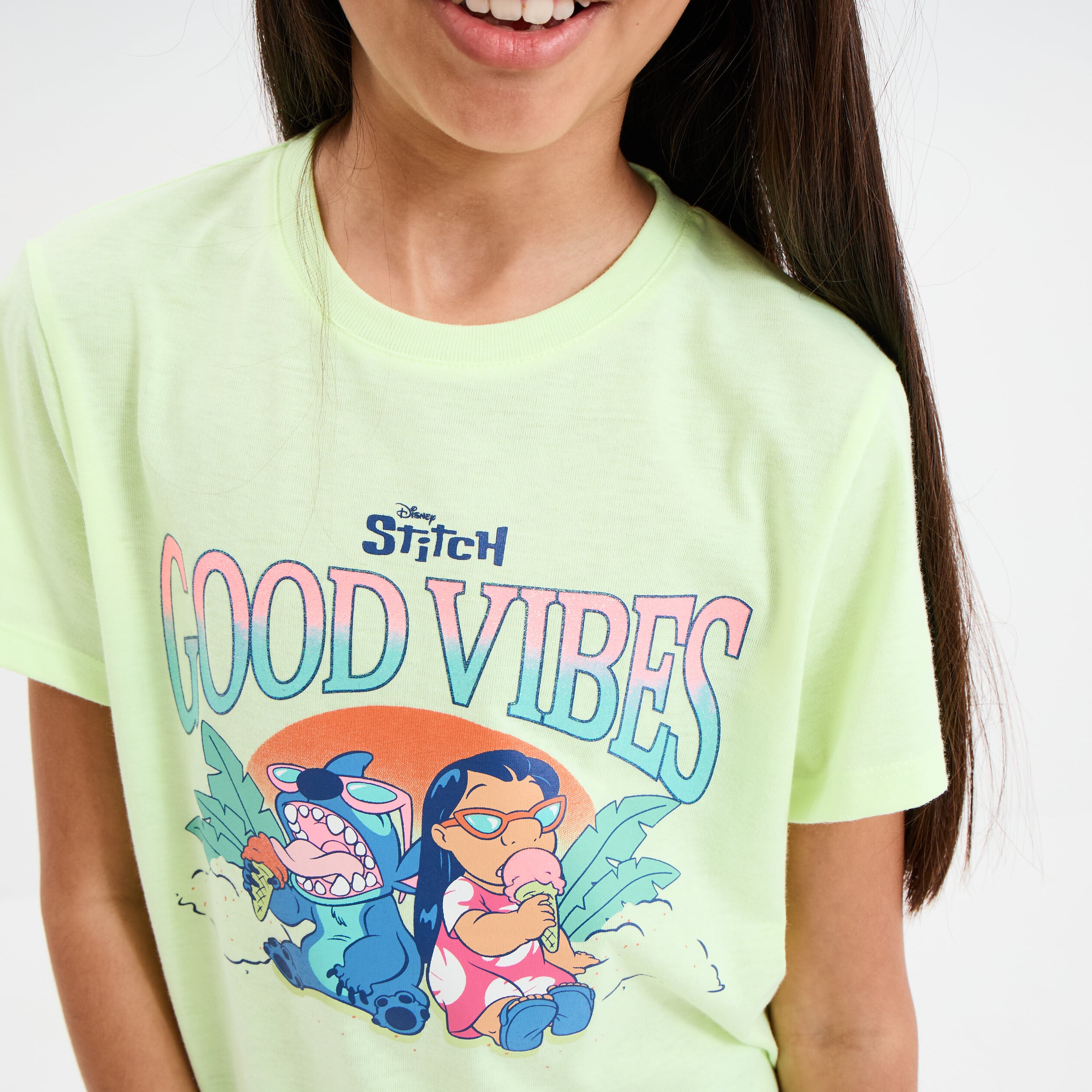 T-shirt manches courtes Stitch jaune fluo fille