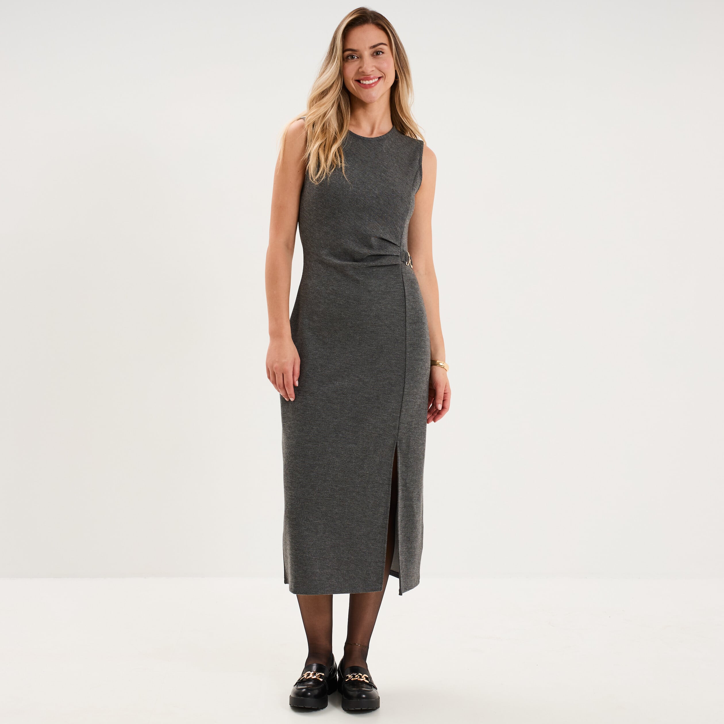 Robe moulante longue d&eacute;tail boucle gris fonc&eacute; femme