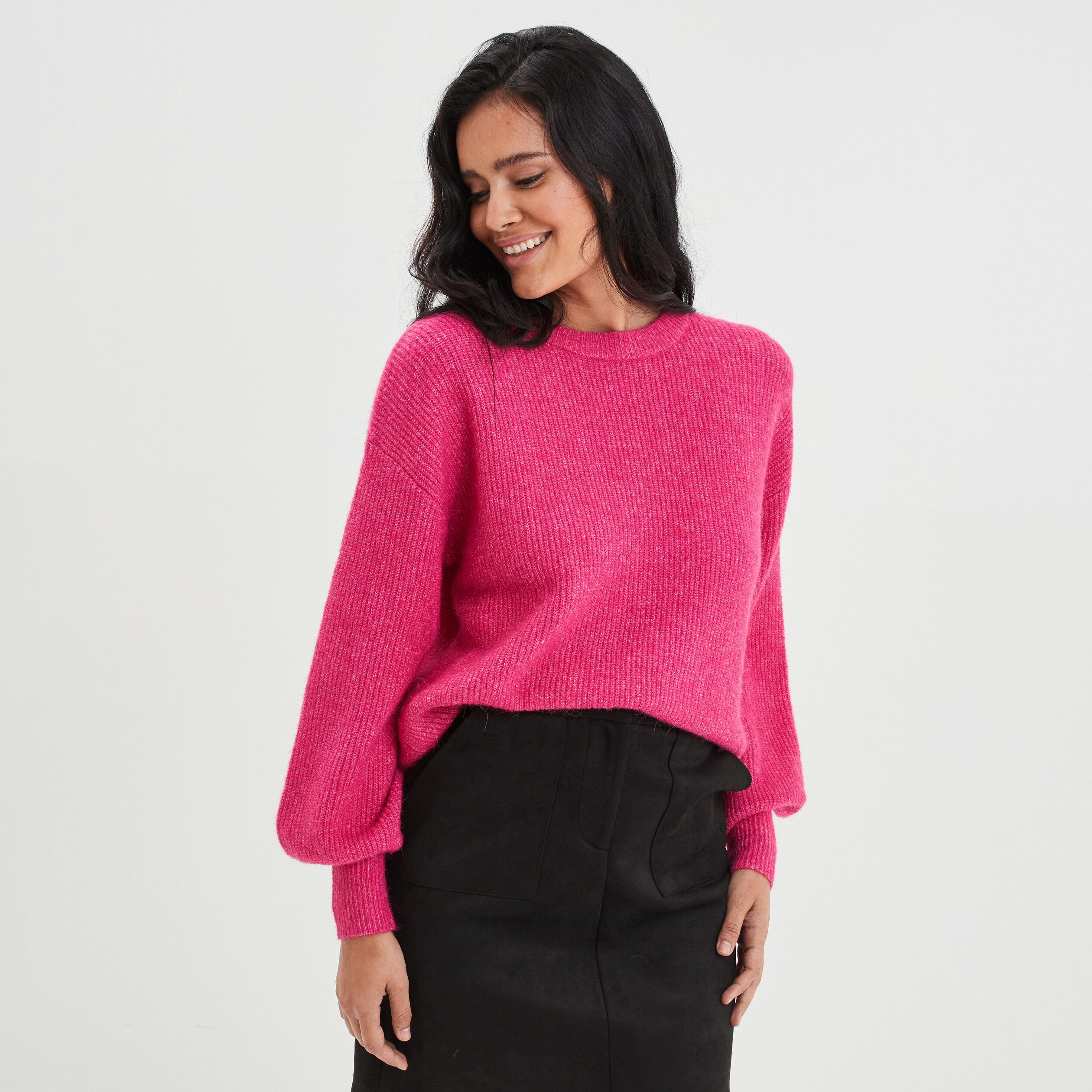 Pull col rond manches ballons rose fushia femme