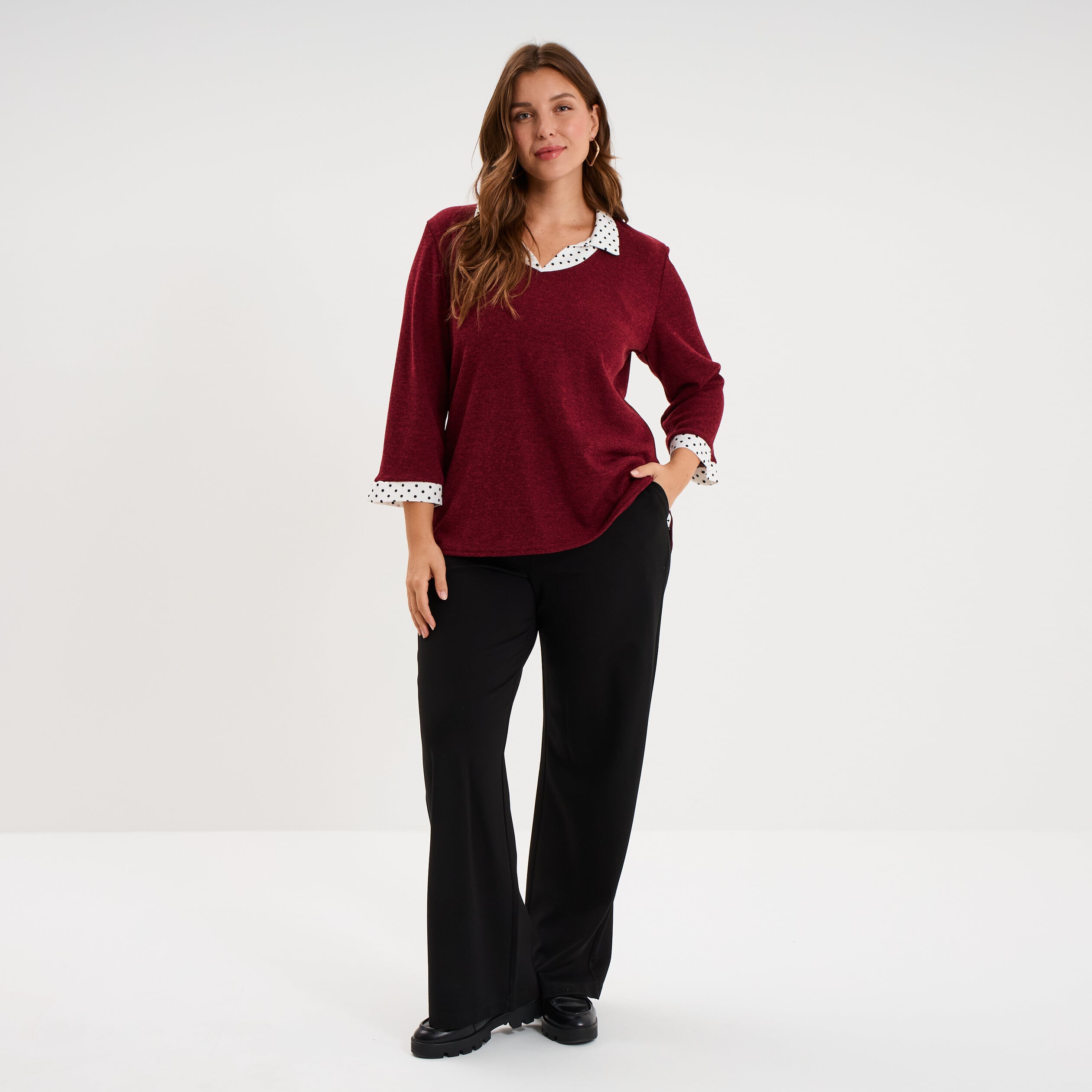 Pull effet 2-en-1 avec manches 3/4 rose framboise femme grande taille