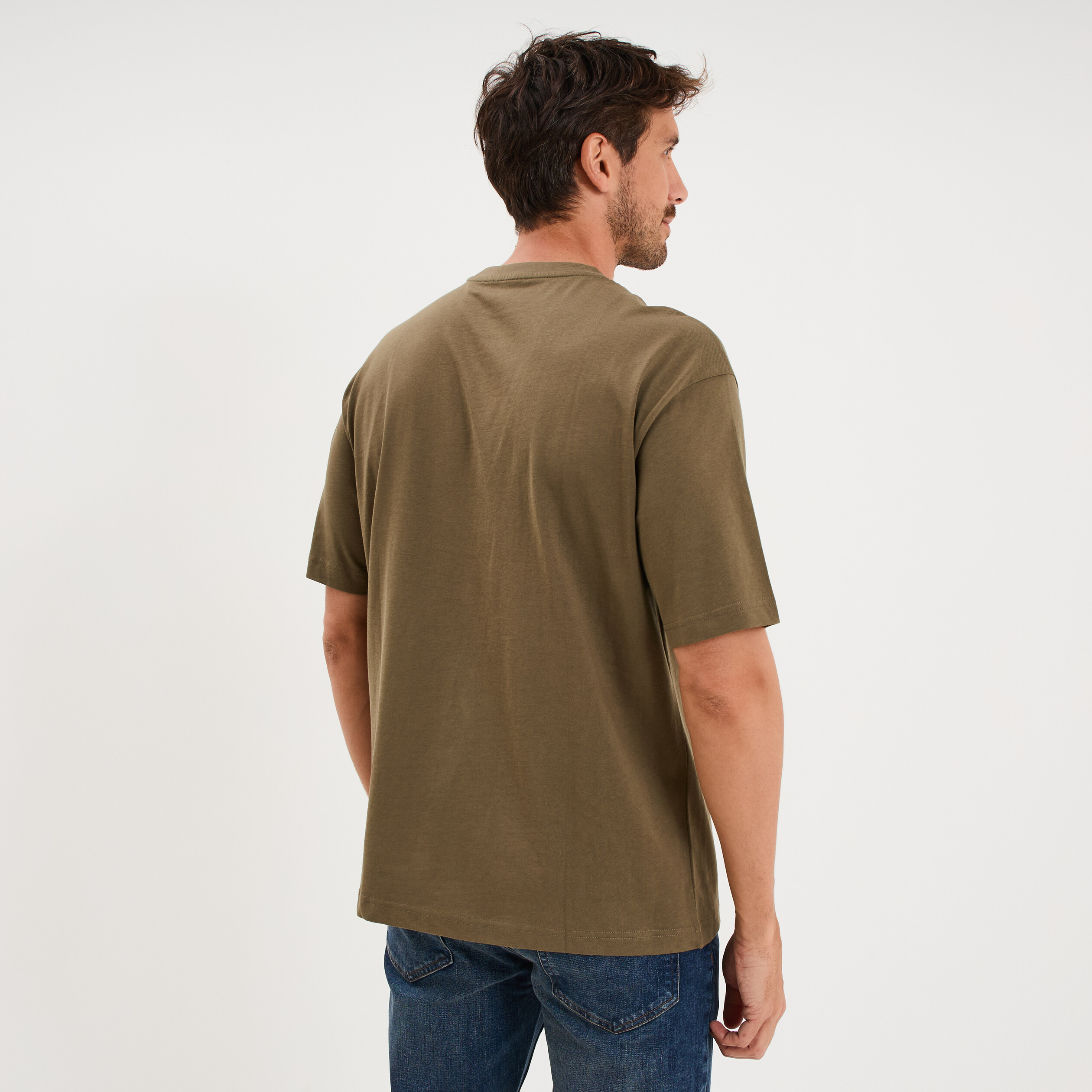 T-shirt col rond coupe relax coton &eacute;pais vert kaki homme