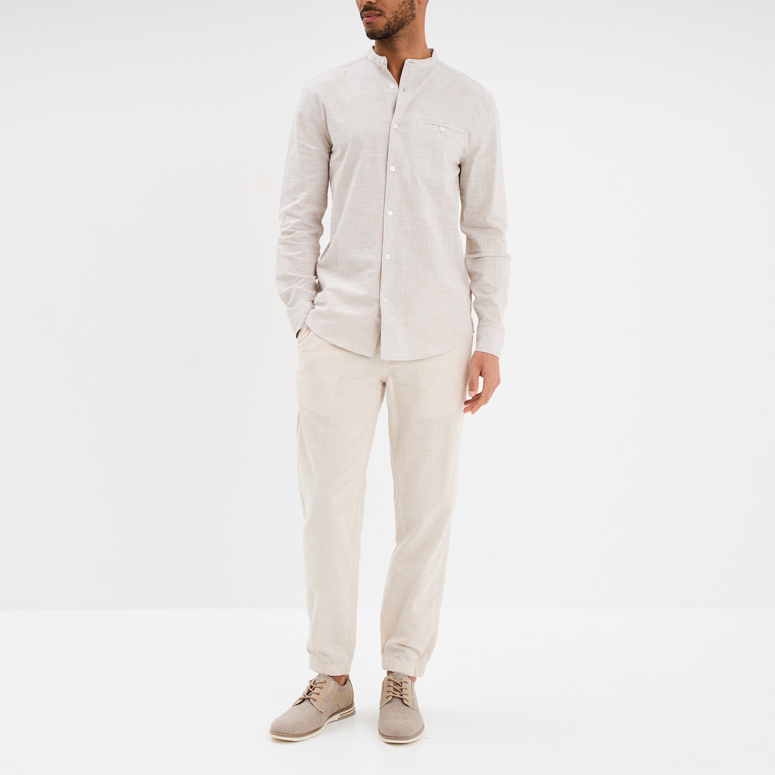 chemise col mao manches longues coton beige homme Chemise col mao manches longues coton beige homme