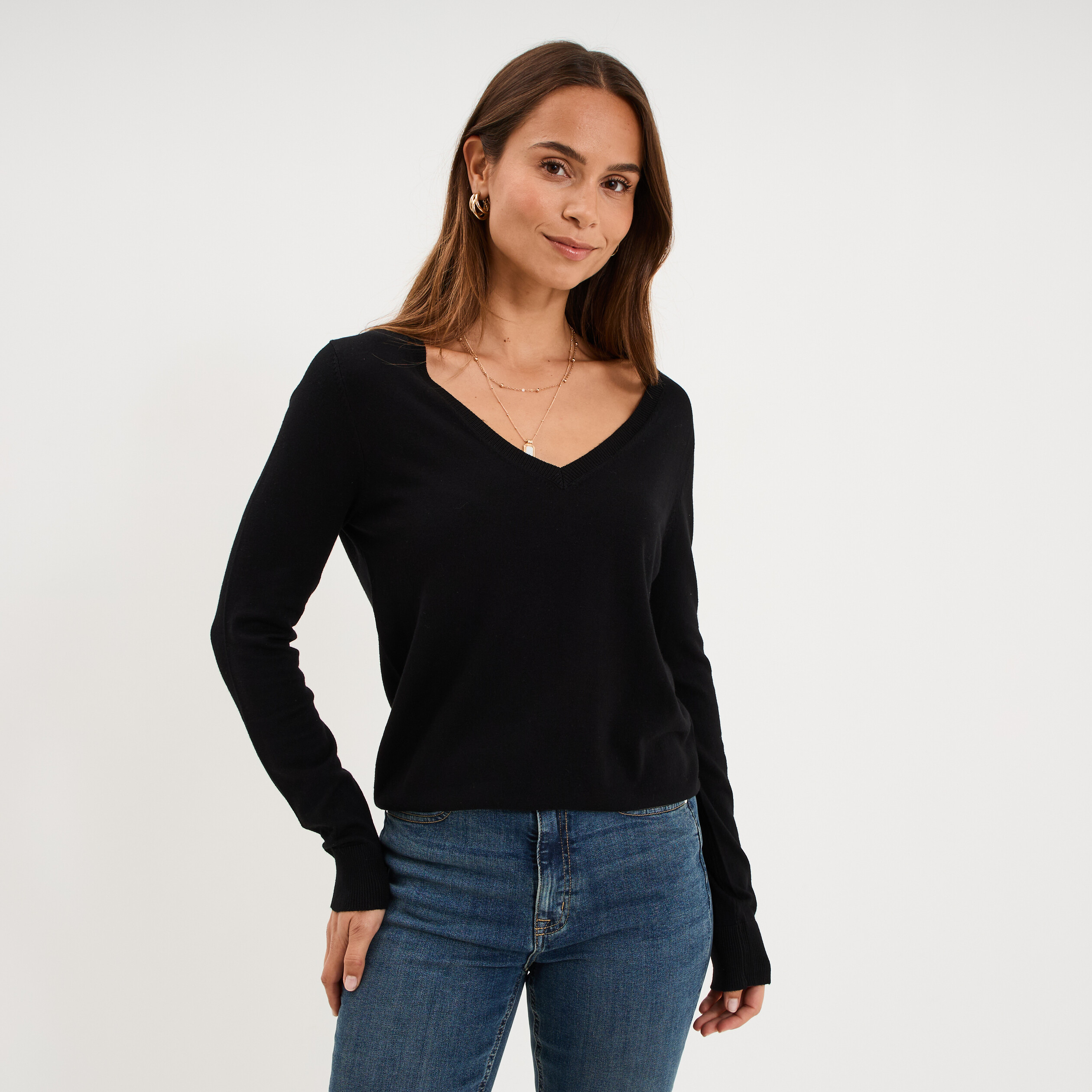 Pull col en V manches longues noir femme