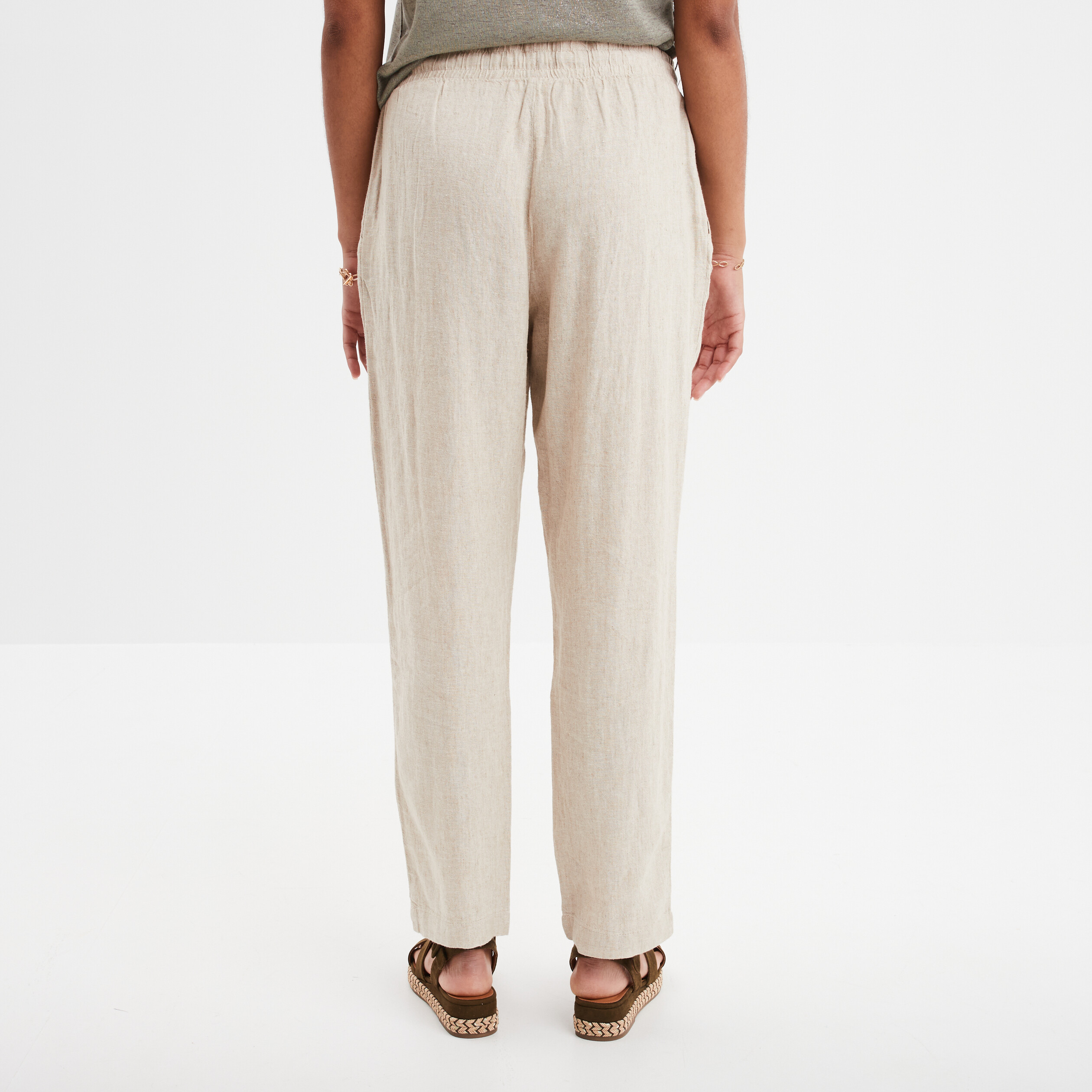 pantalon droit 78eme lin melange beige femme Pantalon droit 7/8ème lin mélangé beige femme