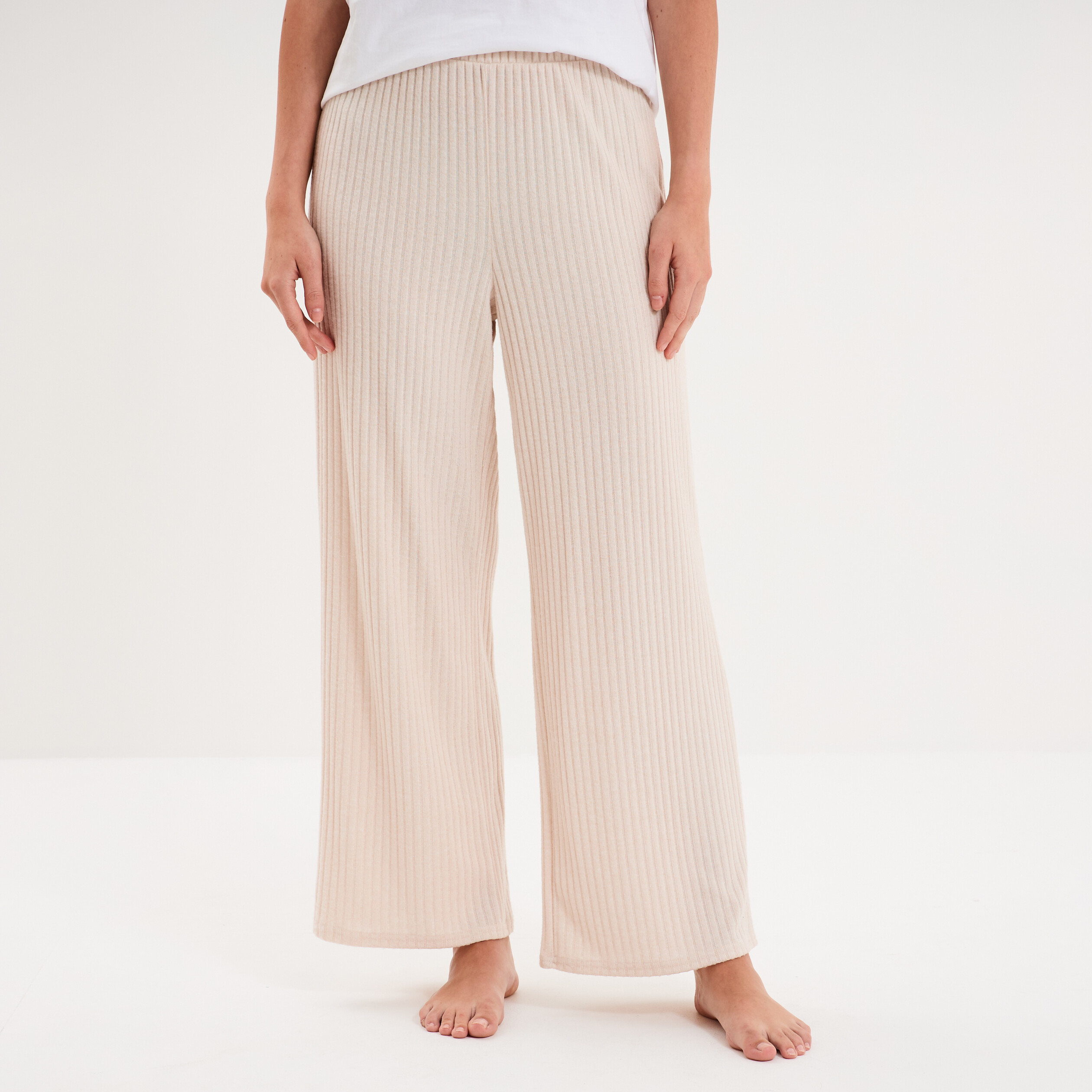 Pantalon de pyjama droit c&ocirc;tel&eacute; beige femme
