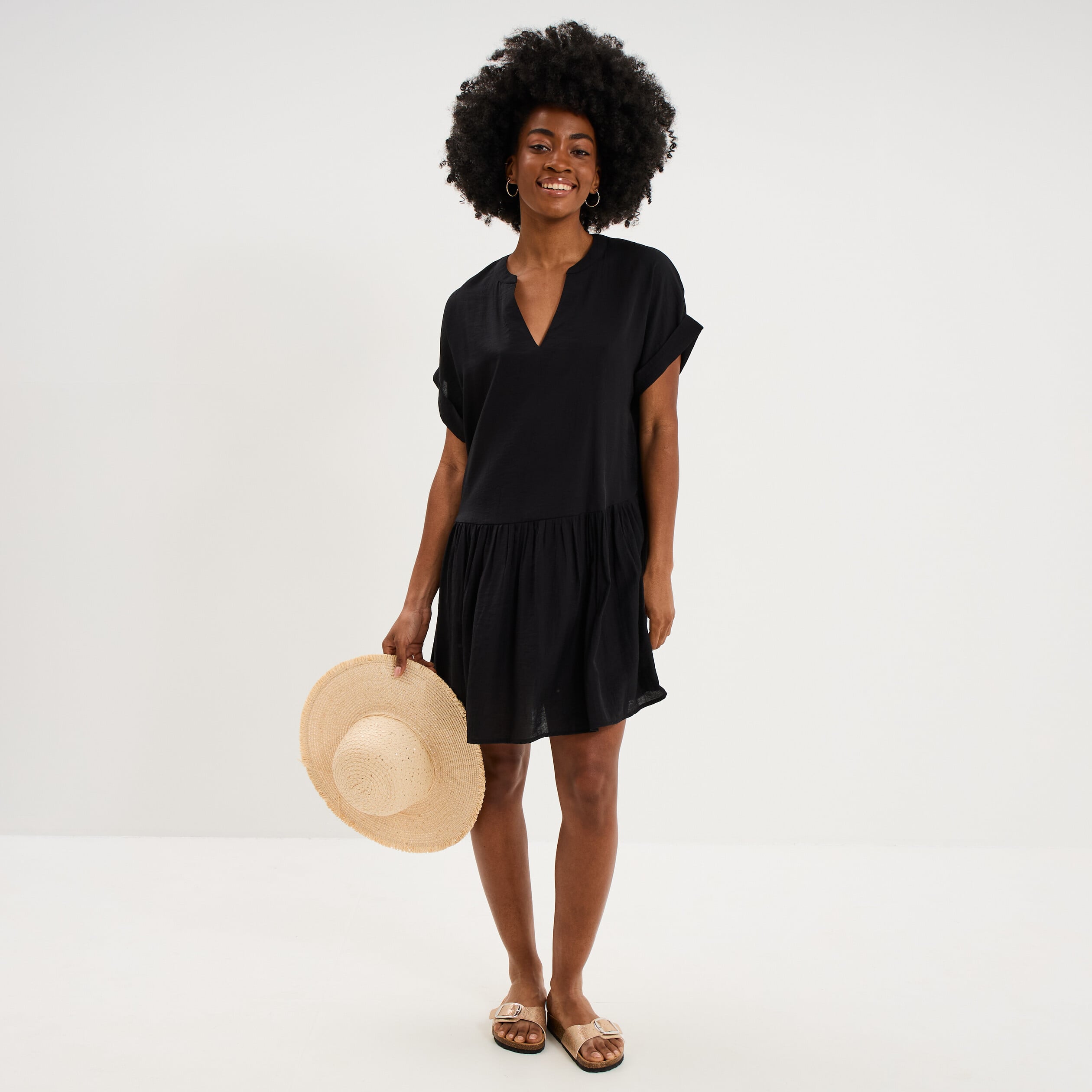 Robe courte fluide bas volants noir femme