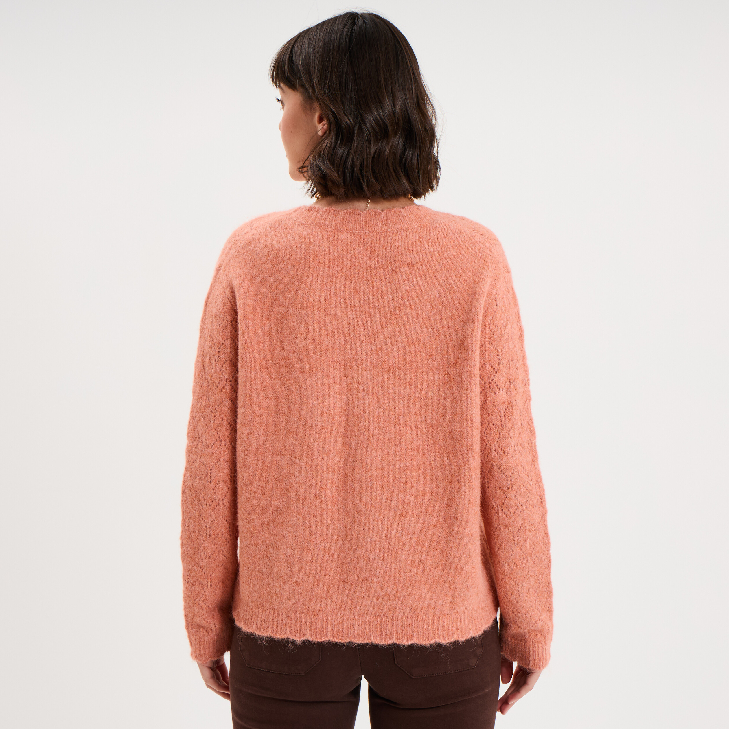 Gilet cardigan ajour&eacute; manches longues rose corail femme