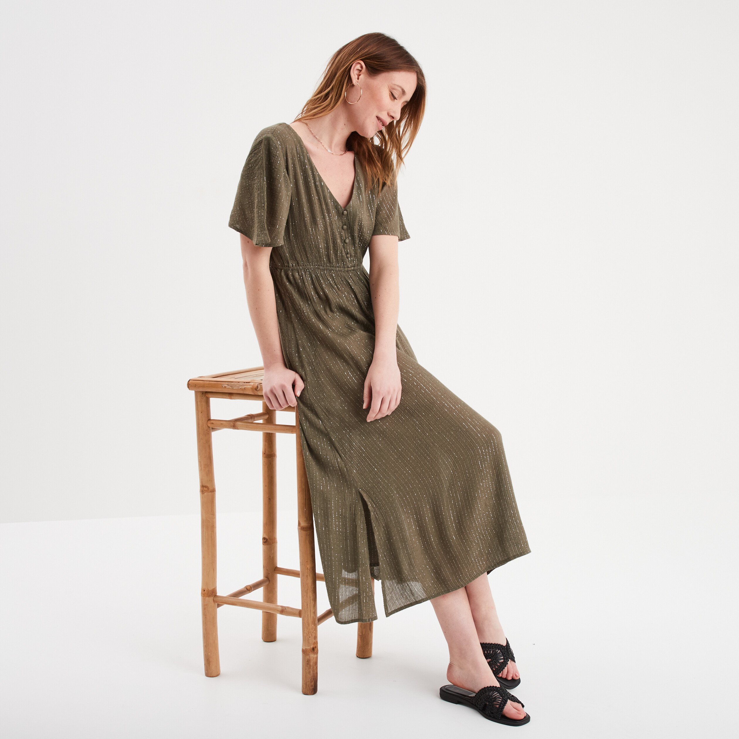 robe longue empire fils metallises vert kaki femme Robe longue empire fils métallisés vert kaki femme