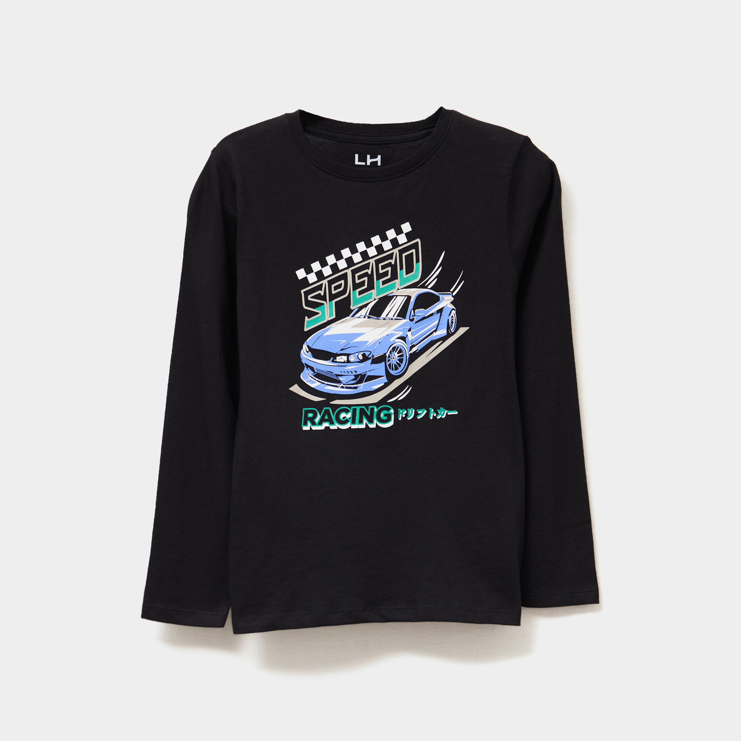 T-shirt col rond manches longues coton noir garçon