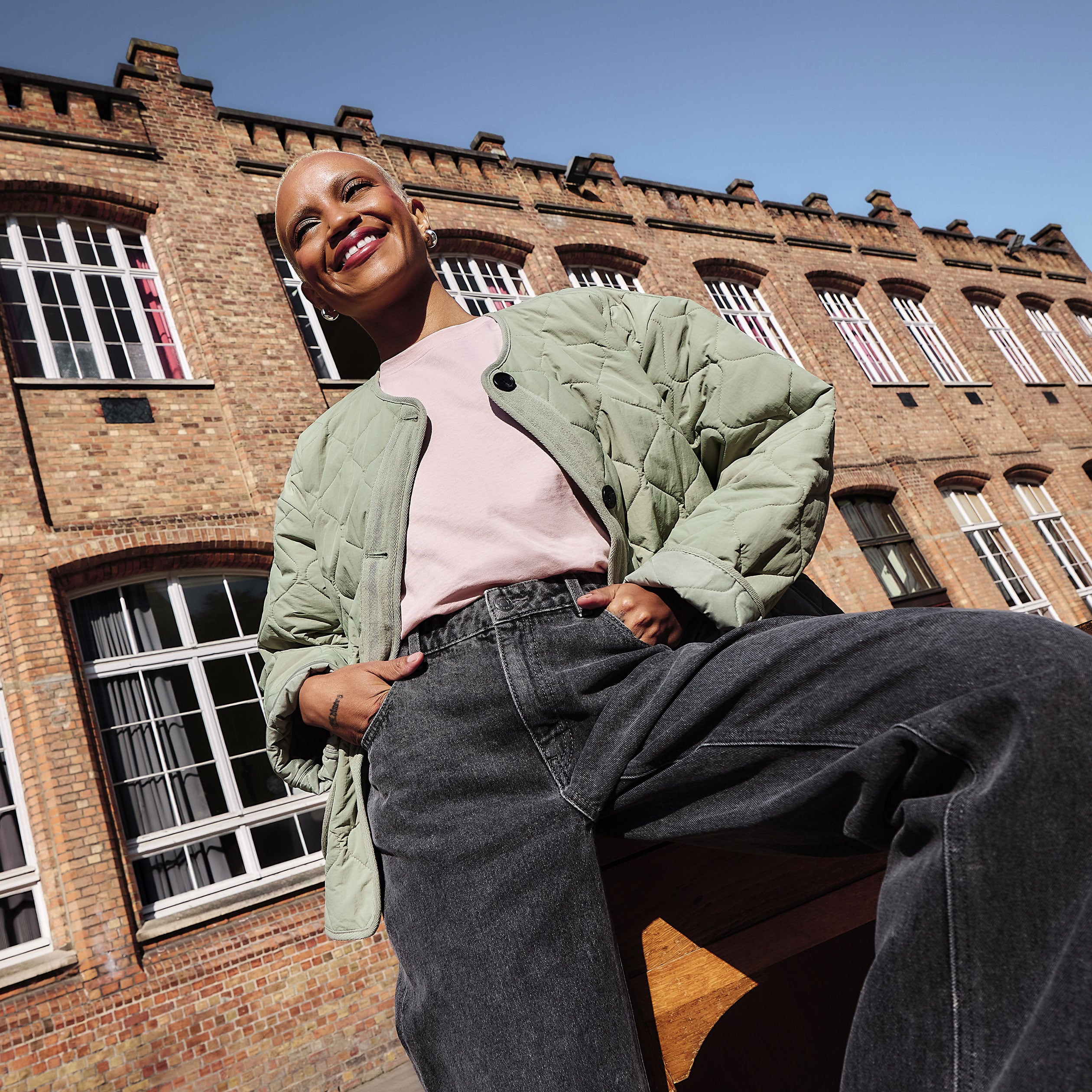 Veste matelass&eacute;e boutonn&eacute;e col rond vert kaki femme