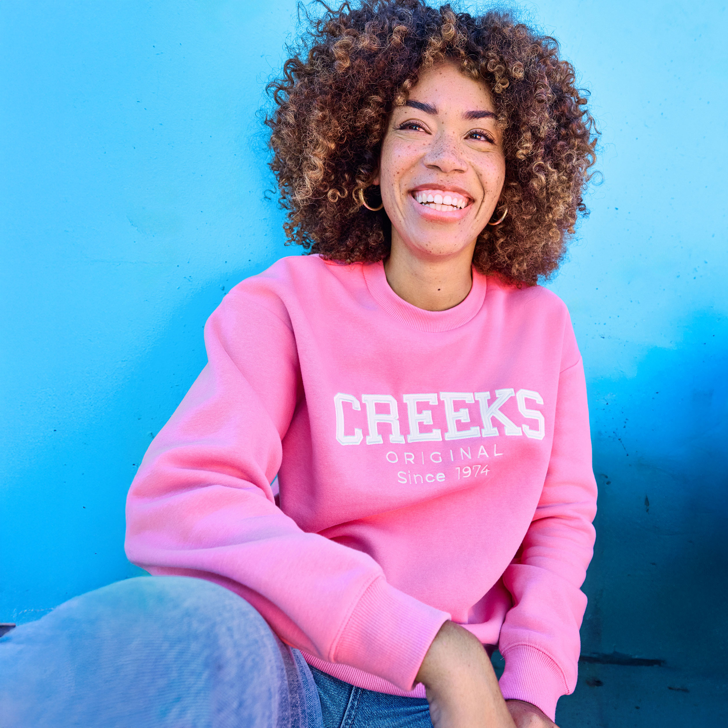 Sweat molleton col rond manches longues rose vif femme