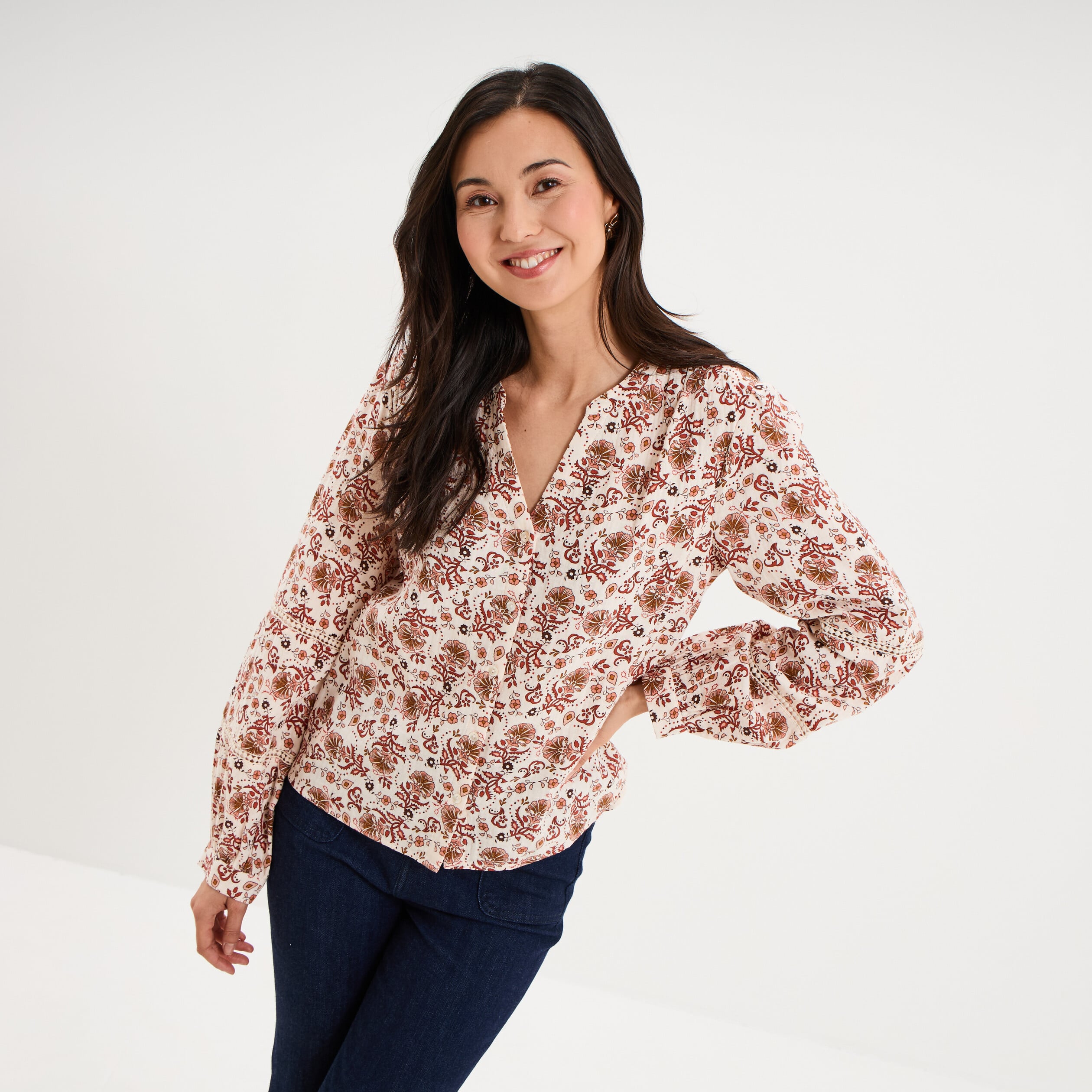 Blouse manches ballons coton ecru femme