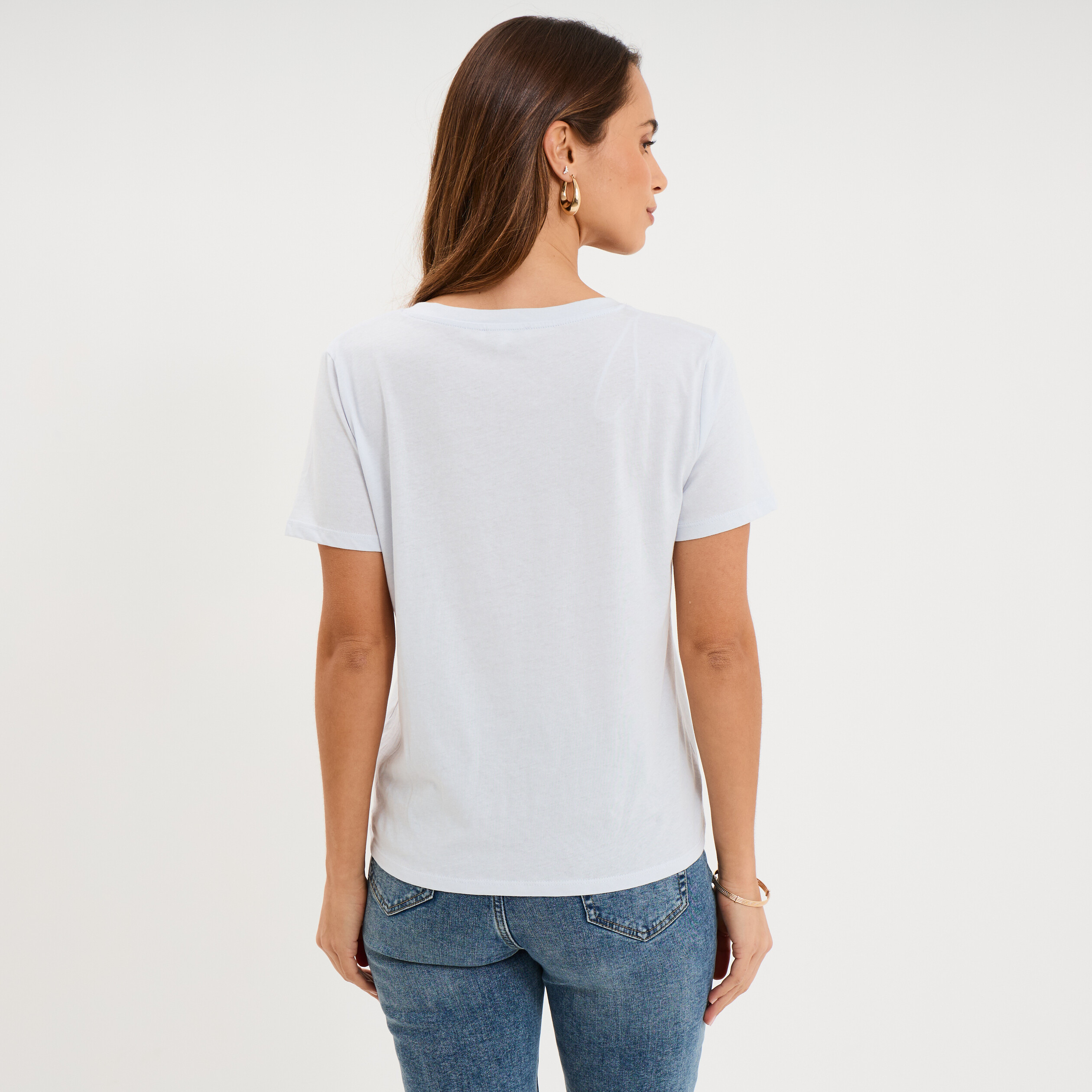 T-shirt manches courtes col en V coton bleu clair femme