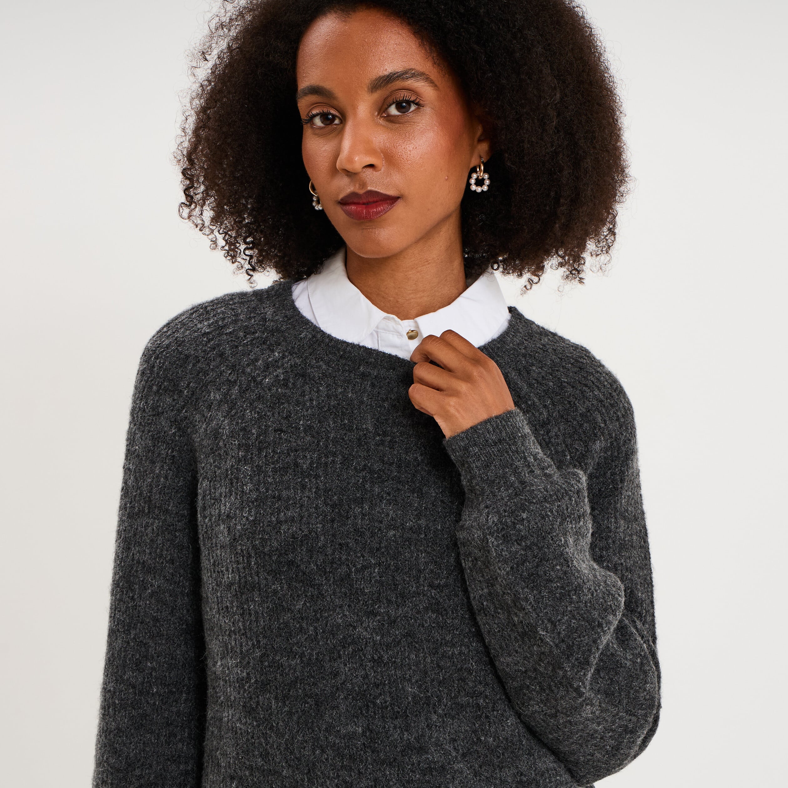 Pull col rond manches longues gris fonc&eacute; femme