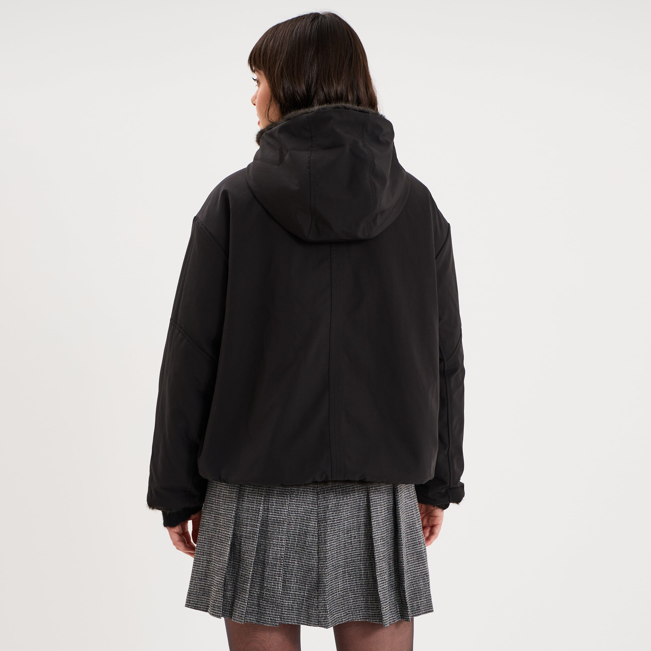 Parka r&eacute;versible capuche fausse fourrure noir femme
